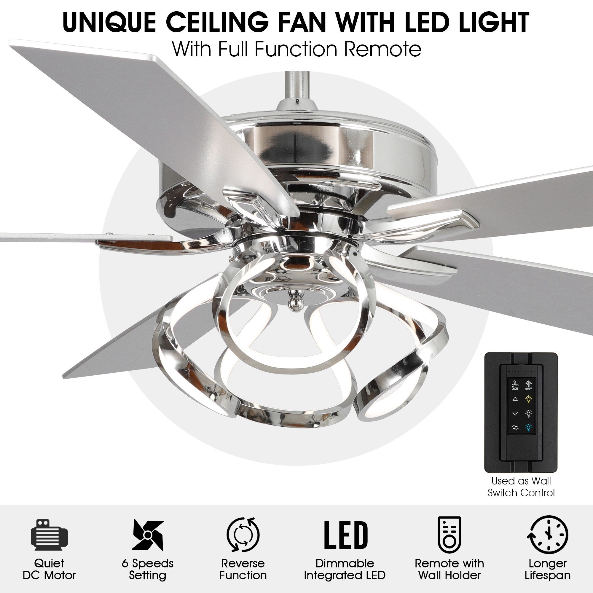 Ventilateur de plafond LED d'intérieur moderne chromé/noir à intensité variable avec lumière et télécommande