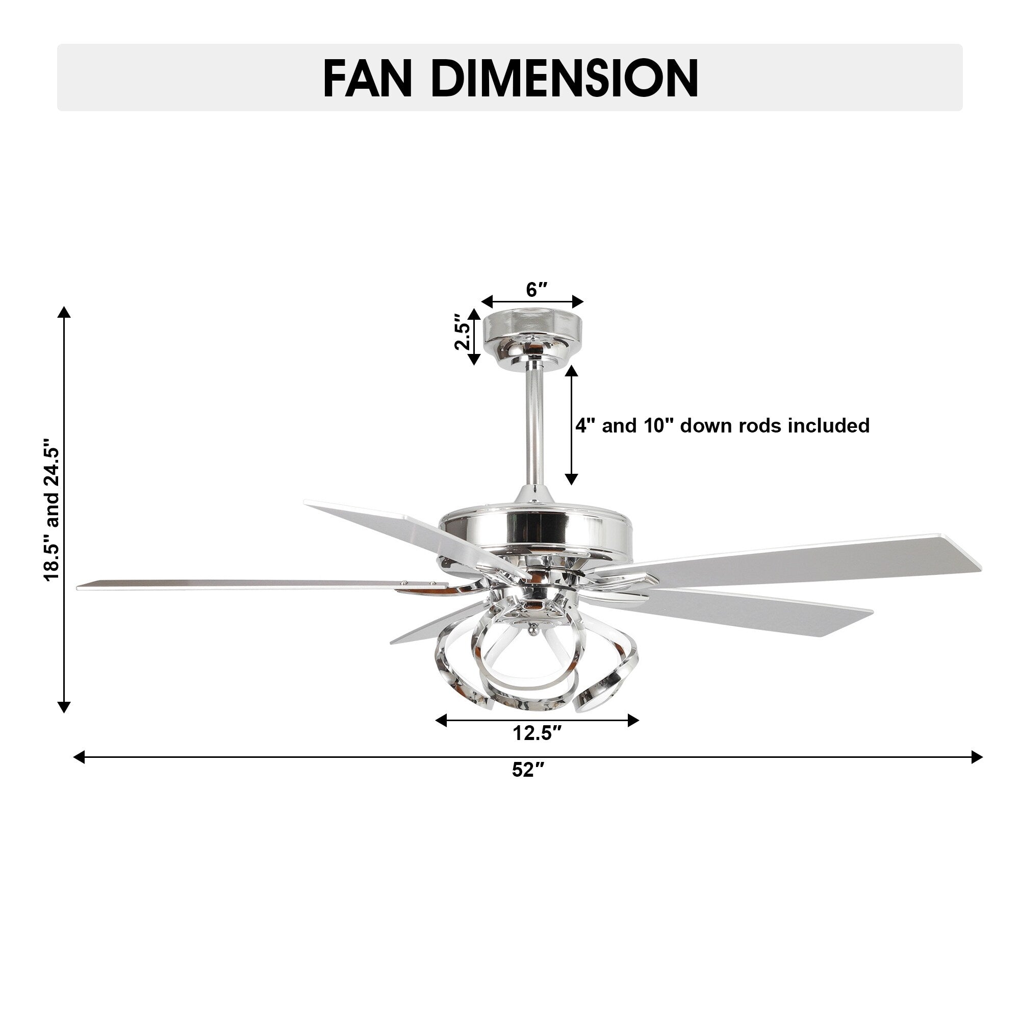 Ventilateur de plafond LED d'intérieur moderne chromé/noir à intensité variable avec lumière et télécommande
