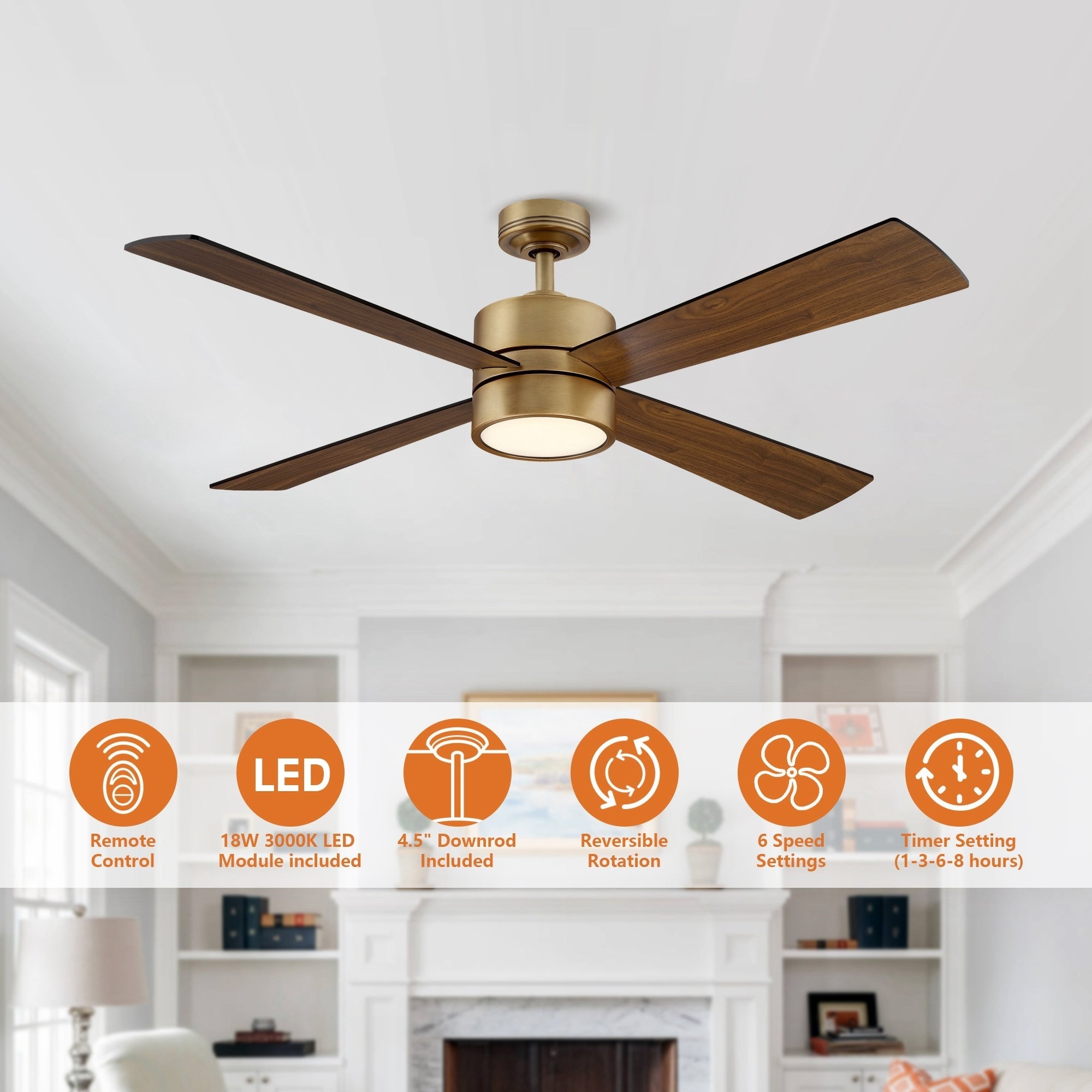 Ventilateur de plafond d'intérieur à 4 pales en laiton antique avec éclairage et télécommande
