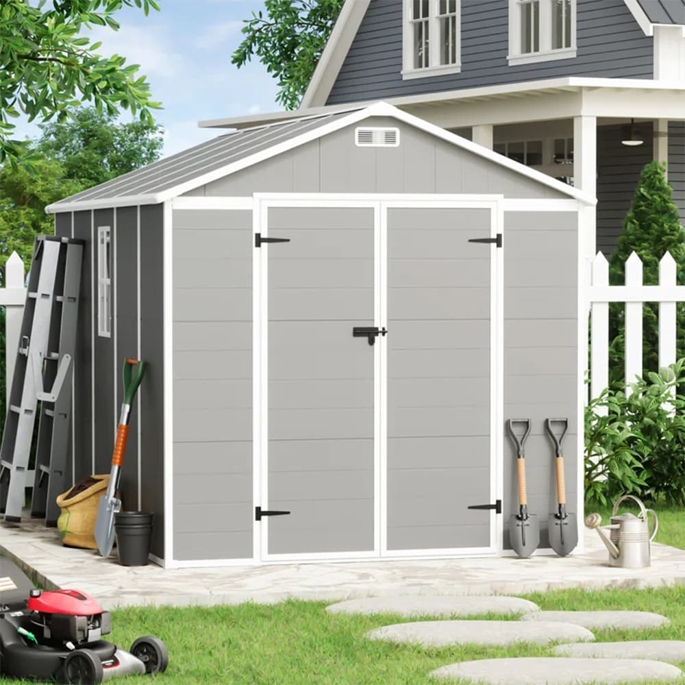 Abri de rangement extérieur en plastique et résine toutes saisons de 6 pi x 4 pi/6 pi x 8 pi/8 pi x 6 pi/8 pi x 10 pi avec plancher, abri à outils Spire