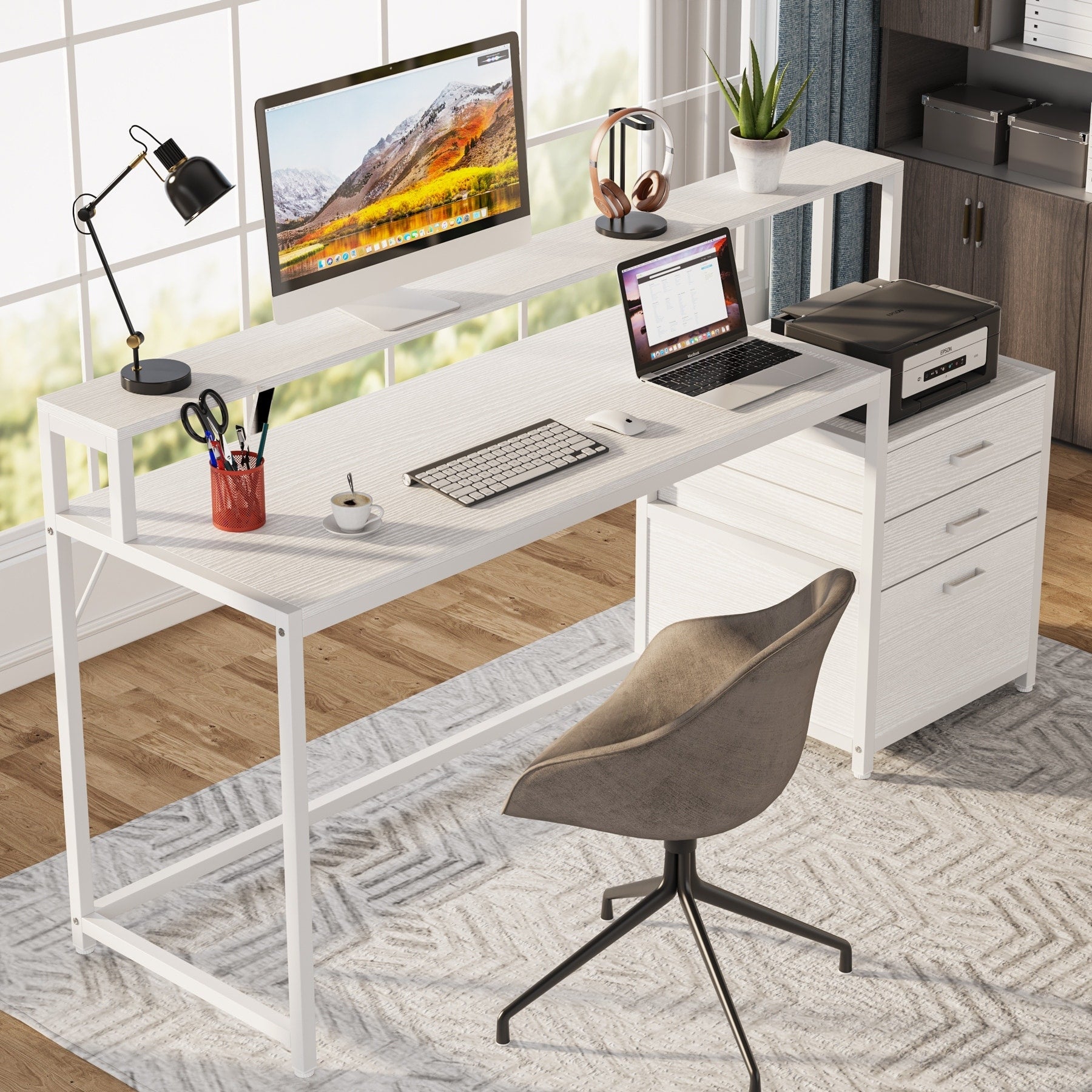 Bureau d'ordinateur 63 avec support d'écran, bureaux ergonomiques pour la maison avec tiroirs et classeur