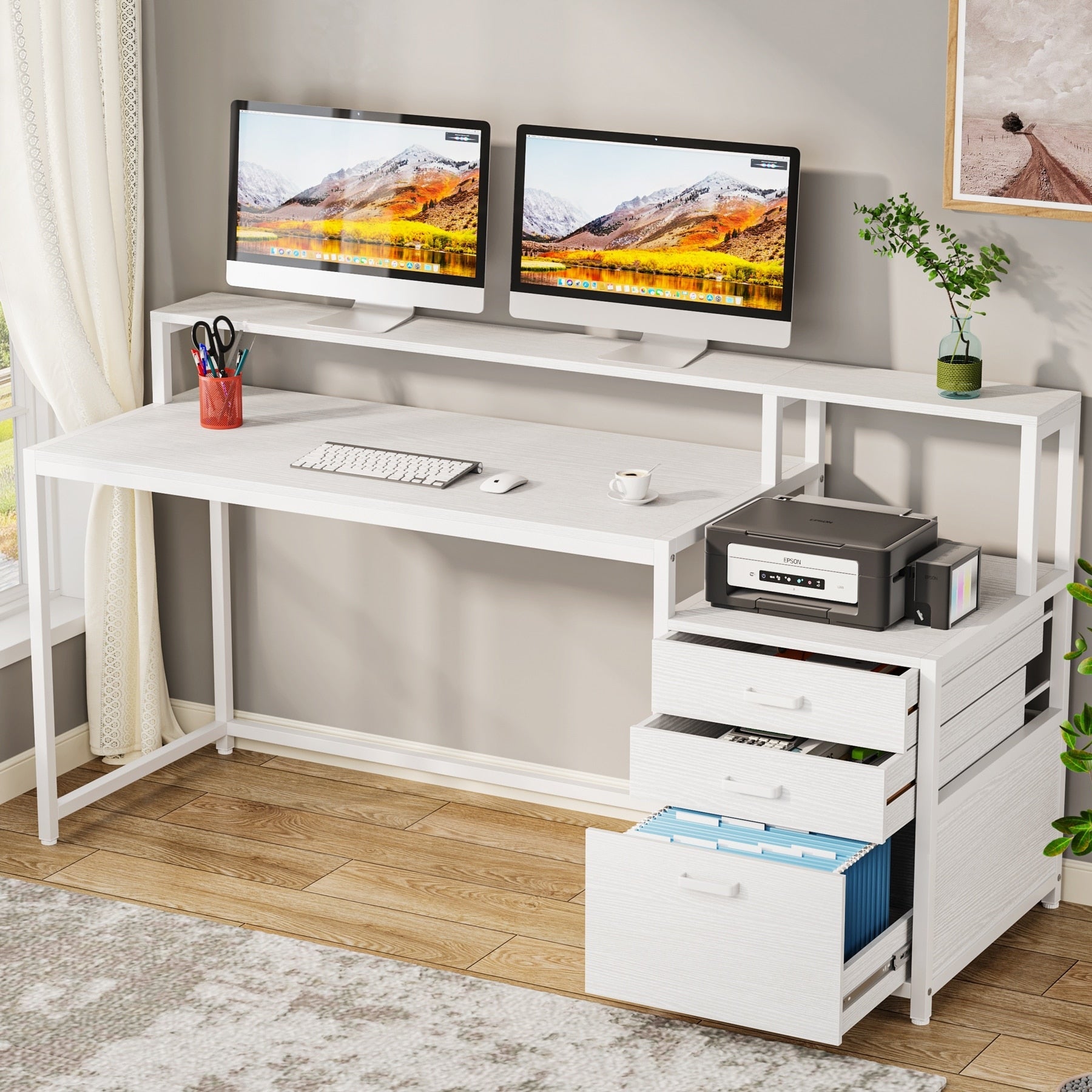 Bureau d'ordinateur 63 avec support d'écran, bureaux ergonomiques pour la maison avec tiroirs et classeur