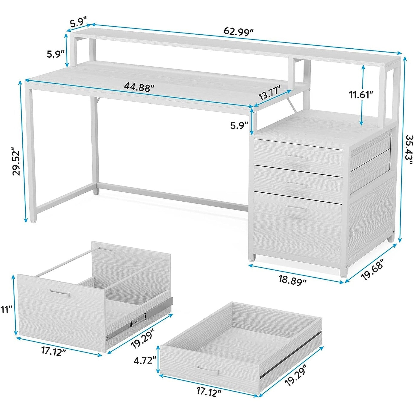 Bureau d'ordinateur 63 avec support d'écran, bureaux ergonomiques pour la maison avec tiroirs et classeur