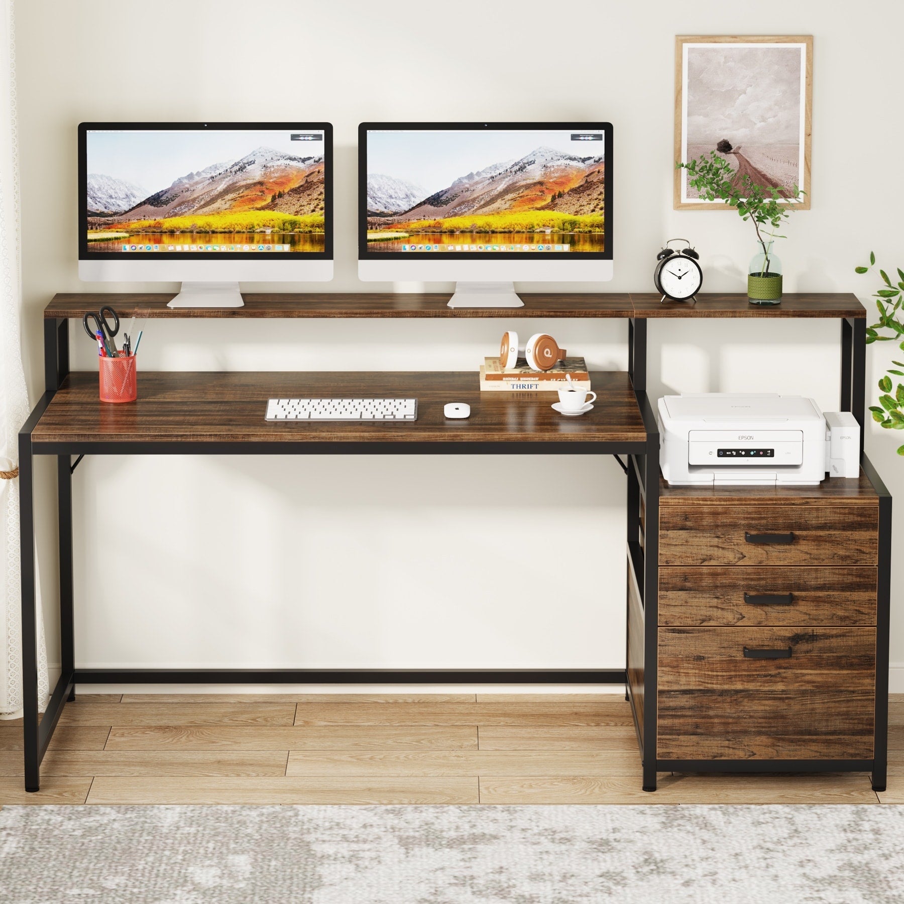 Bureau d'ordinateur 63 avec support d'écran, bureaux ergonomiques pour la maison avec tiroirs et classeur