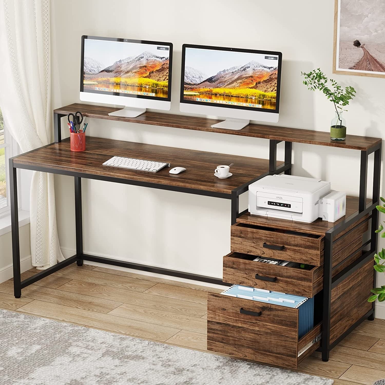 Bureau d'ordinateur 63 avec support d'écran, bureaux ergonomiques pour la maison avec tiroirs et classeur