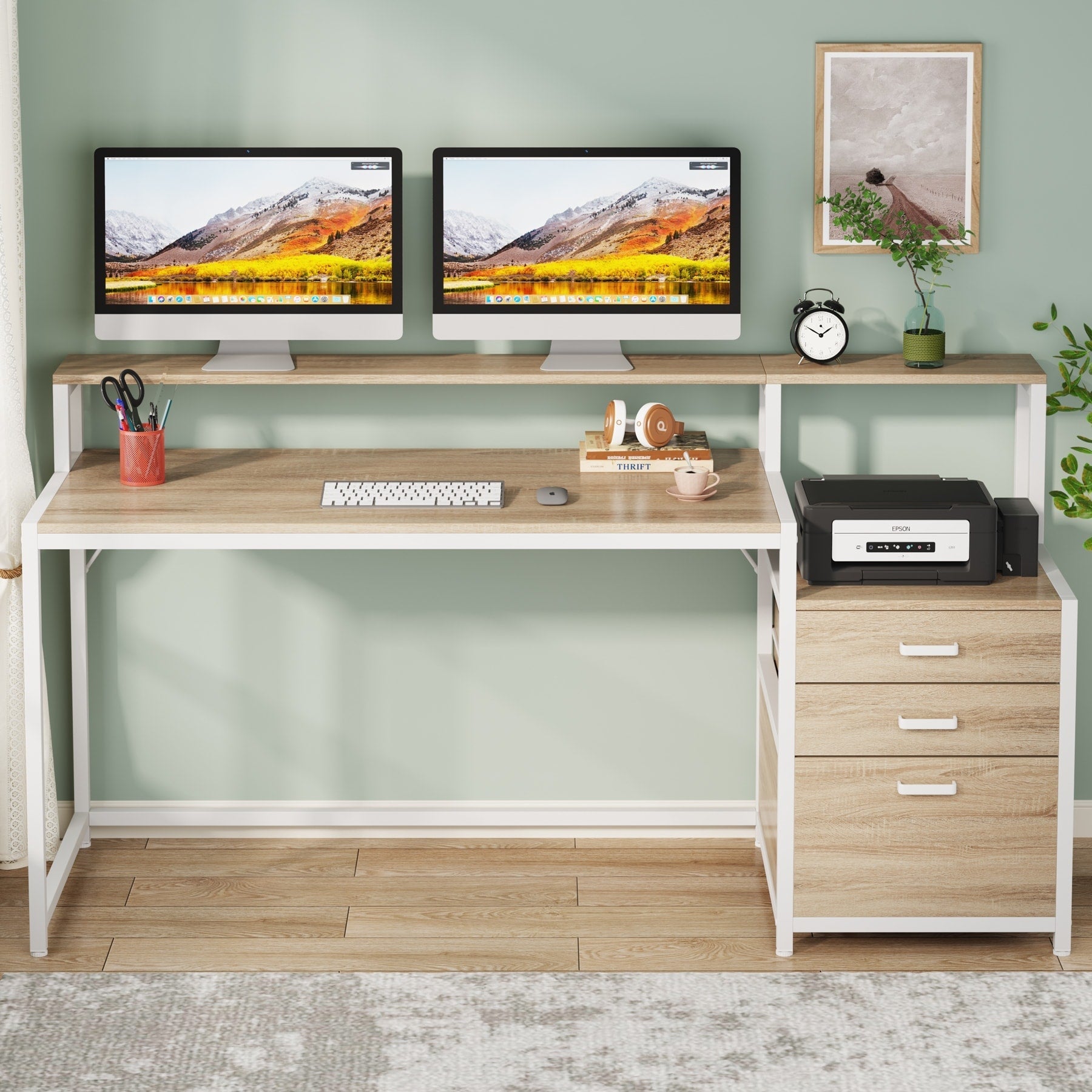 Bureau d'ordinateur 63 avec support d'écran, bureaux ergonomiques pour la maison avec tiroirs et classeur