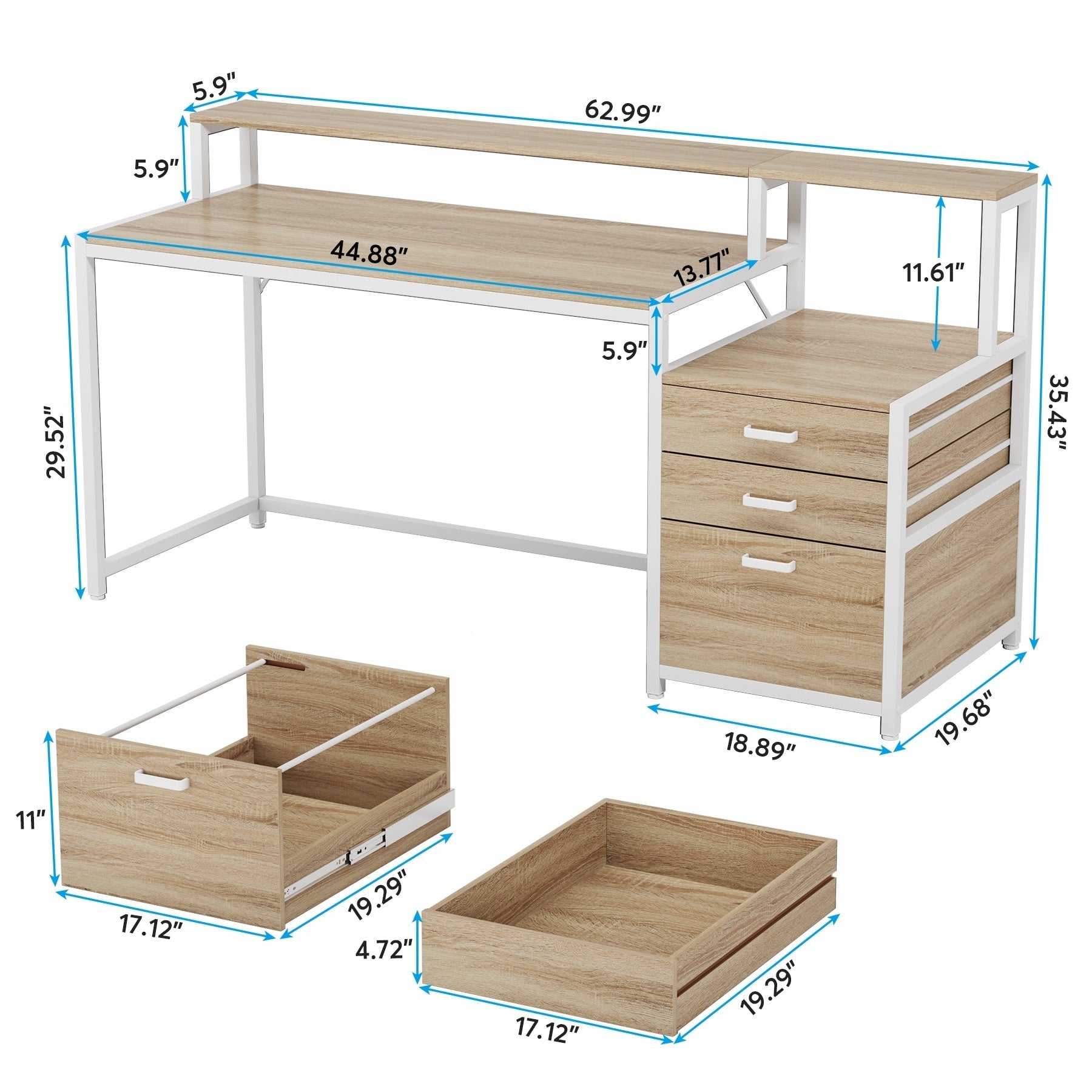Bureau d'ordinateur 63 avec support d'écran, bureaux ergonomiques pour la maison avec tiroirs et classeur