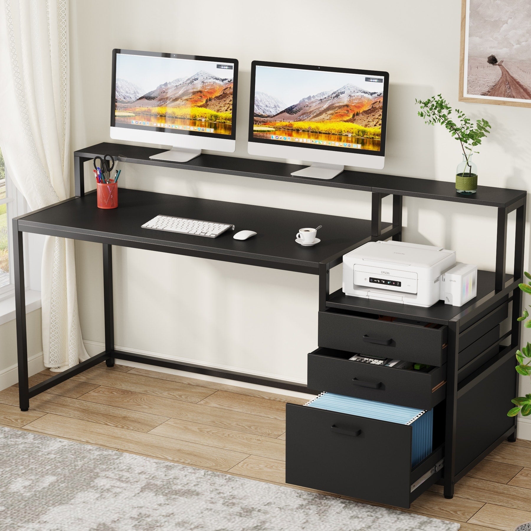 Bureau d'ordinateur 63 avec support d'écran, bureaux ergonomiques pour la maison avec tiroirs et classeur