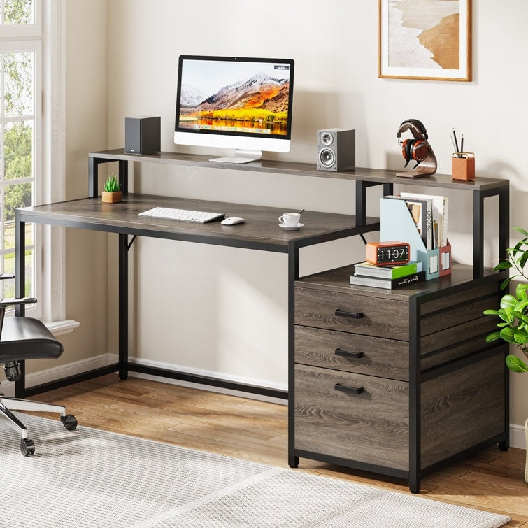 Bureau d'ordinateur 63 avec support d'écran, bureaux ergonomiques pour la maison avec tiroirs et classeur