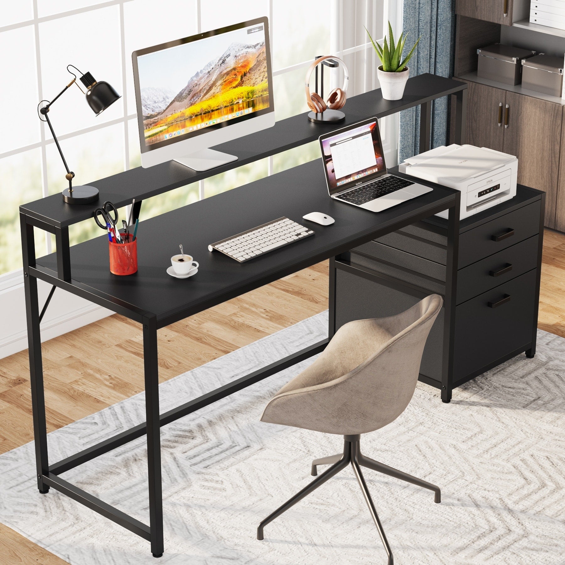 Bureau d'ordinateur 63 avec support d'écran, bureaux ergonomiques pour la maison avec tiroirs et classeur