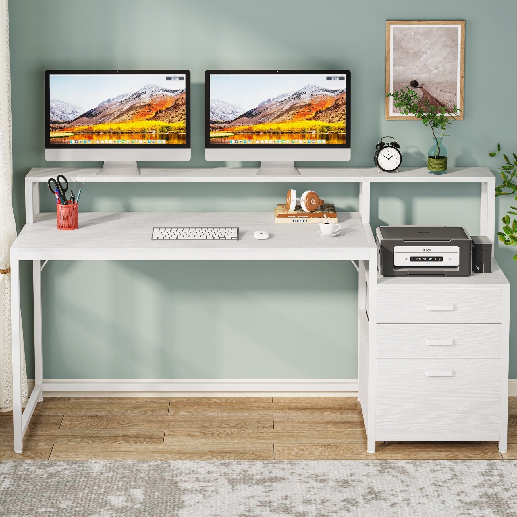 Bureau d'ordinateur 63 avec support d'écran, bureaux ergonomiques pour la maison avec tiroirs et classeur