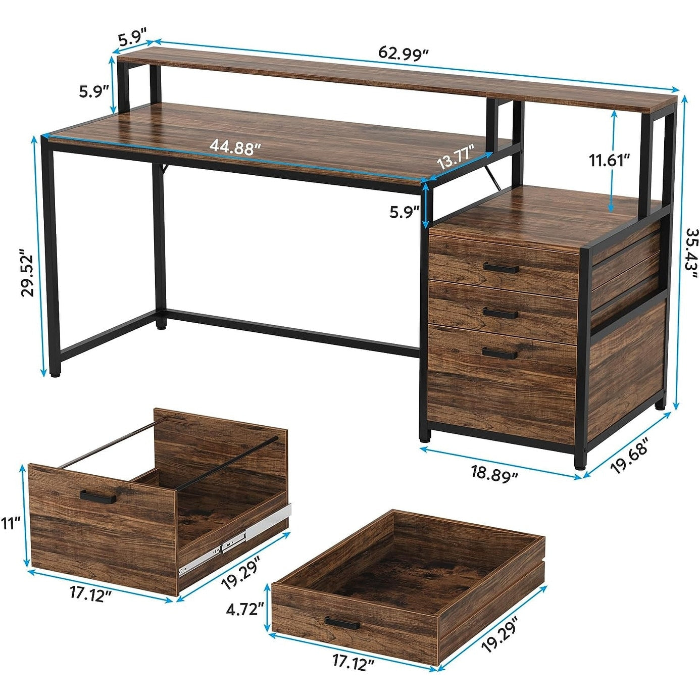 Bureau d'ordinateur 63 avec support d'écran, bureaux ergonomiques pour la maison avec tiroirs et classeur