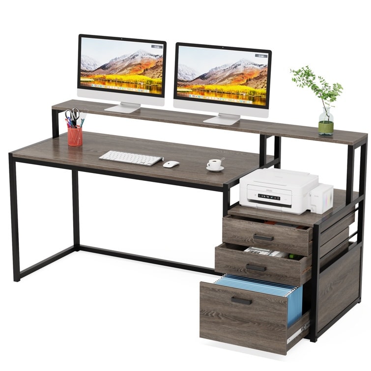 Bureau d'ordinateur 63 avec support d'écran, bureaux ergonomiques pour la maison avec tiroirs et classeur