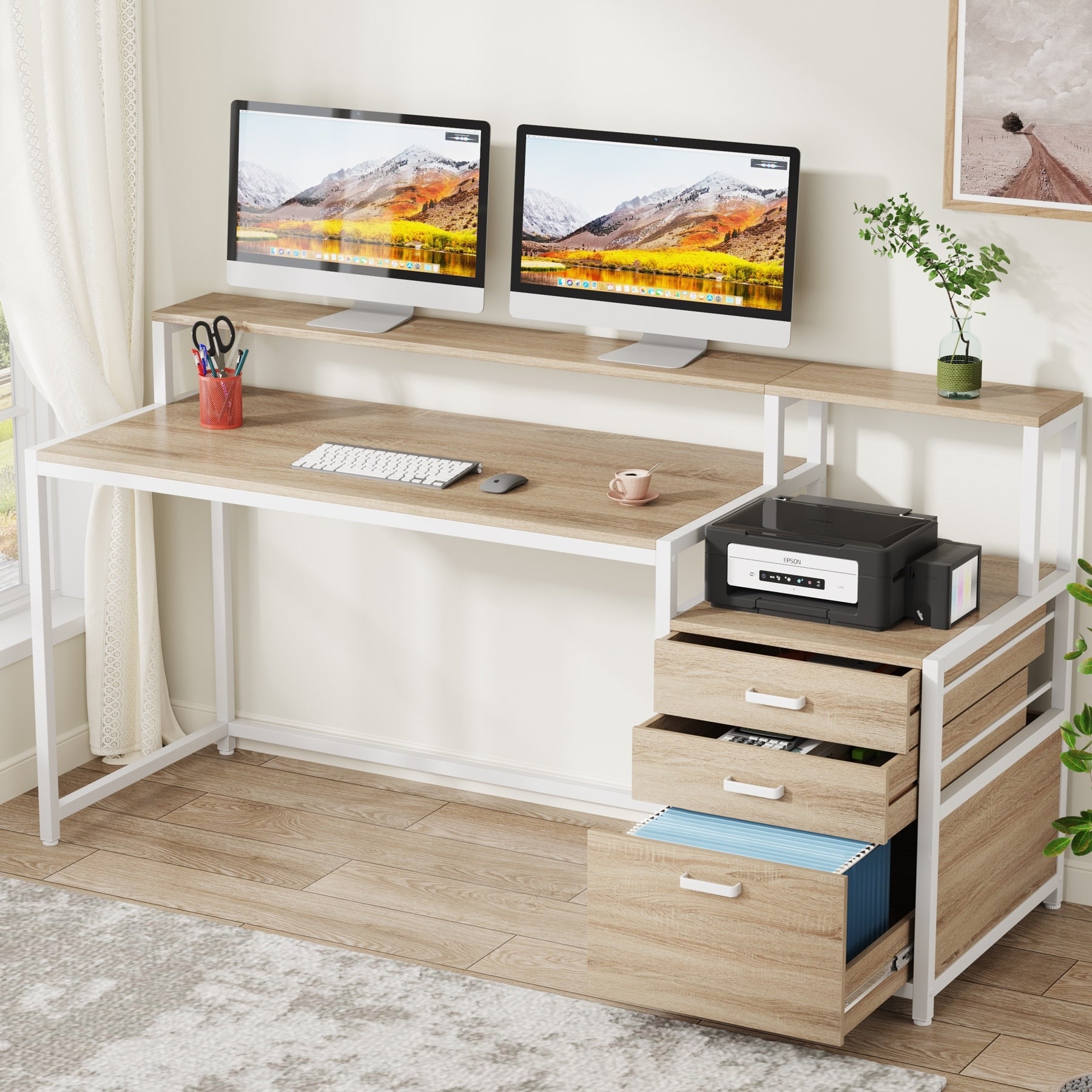 Bureau d'ordinateur 63 avec support d'écran, bureaux ergonomiques pour la maison avec tiroirs et classeur