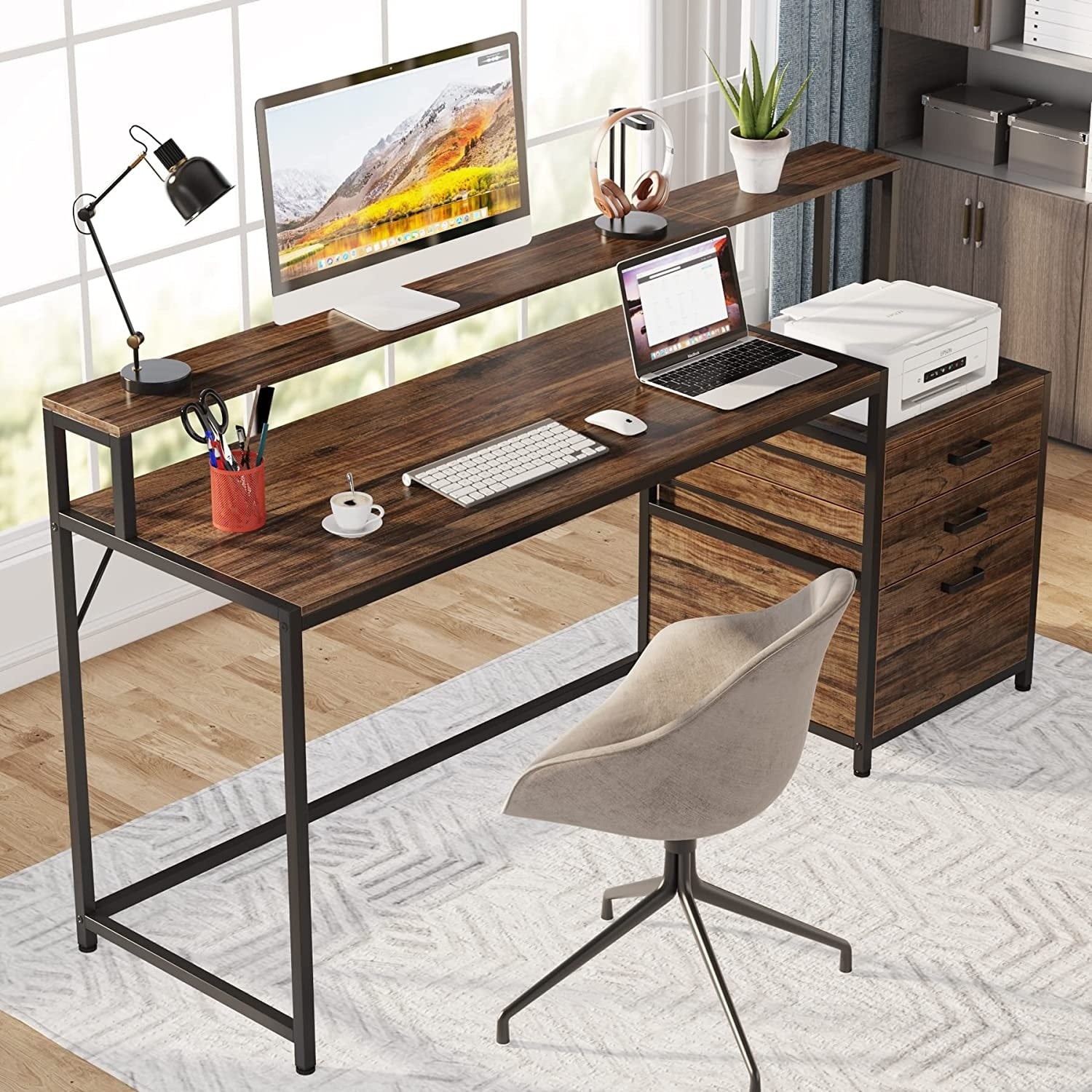 Bureau d'ordinateur 63 avec support d'écran, bureaux ergonomiques pour la maison avec tiroirs et classeur