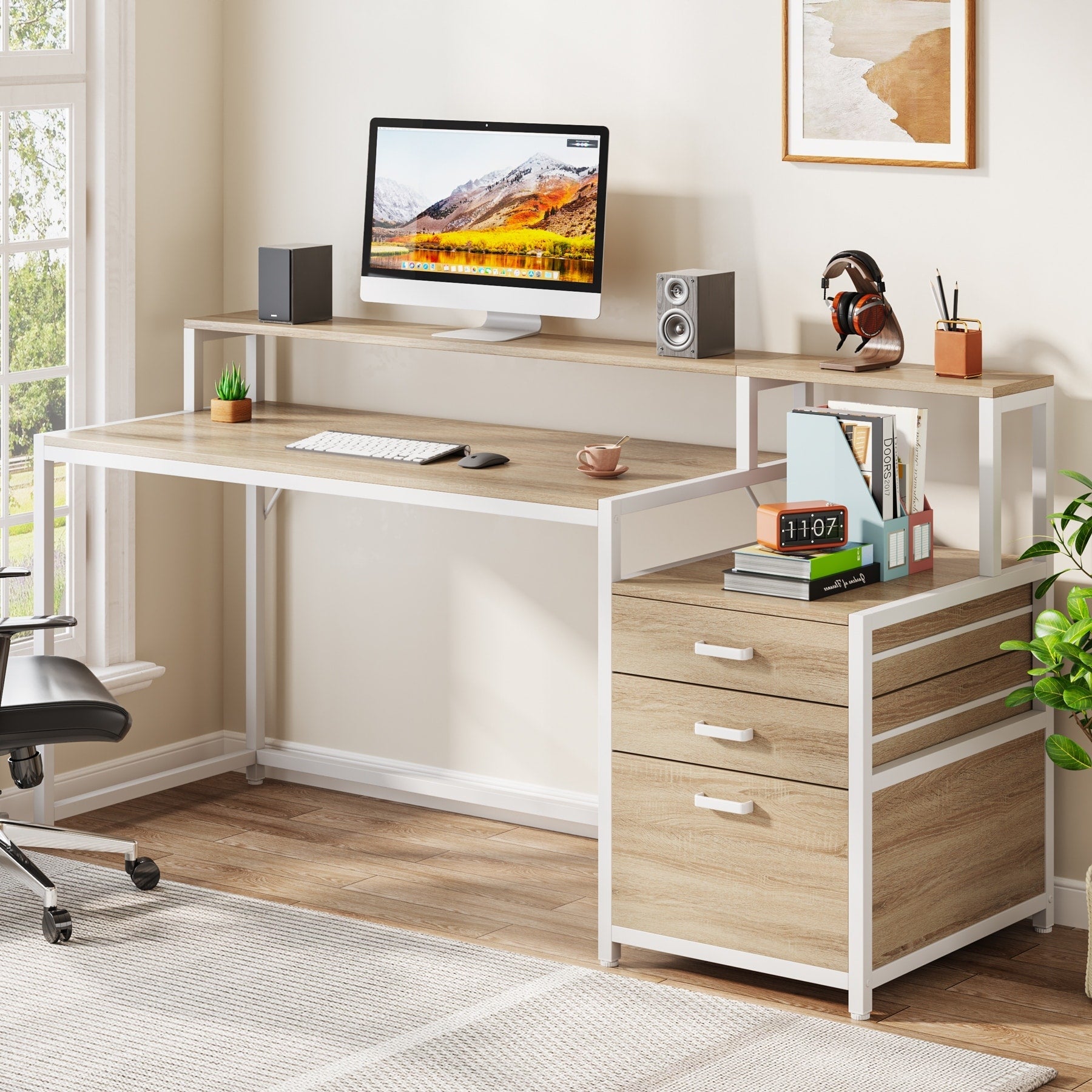 Bureau d'ordinateur 63 avec support d'écran, bureaux ergonomiques pour la maison avec tiroirs et classeur