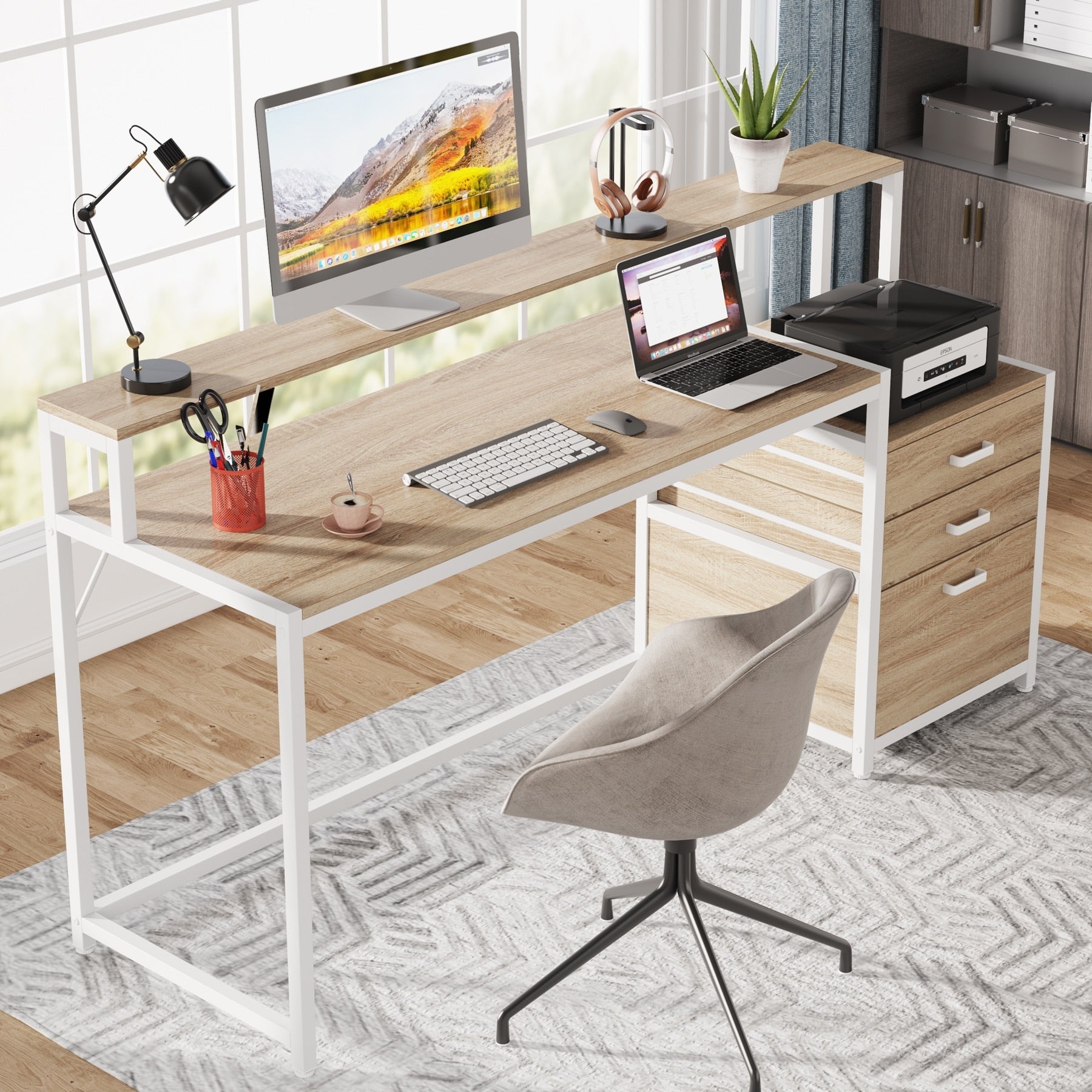 Bureau d'ordinateur 63 avec support d'écran, bureaux ergonomiques pour la maison avec tiroirs et classeur