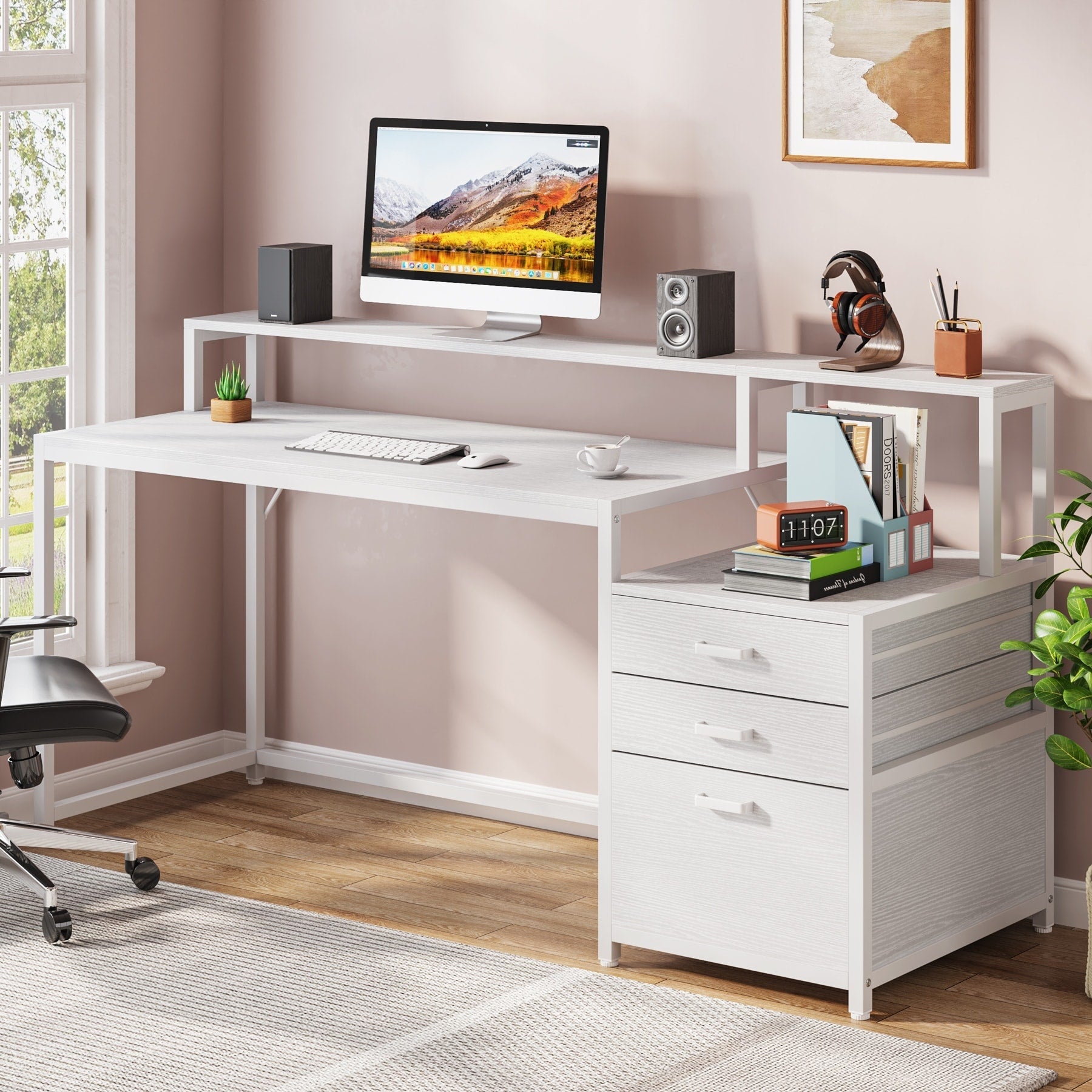 Bureau d'ordinateur 63 avec support d'écran, bureaux ergonomiques pour la maison avec tiroirs et classeur