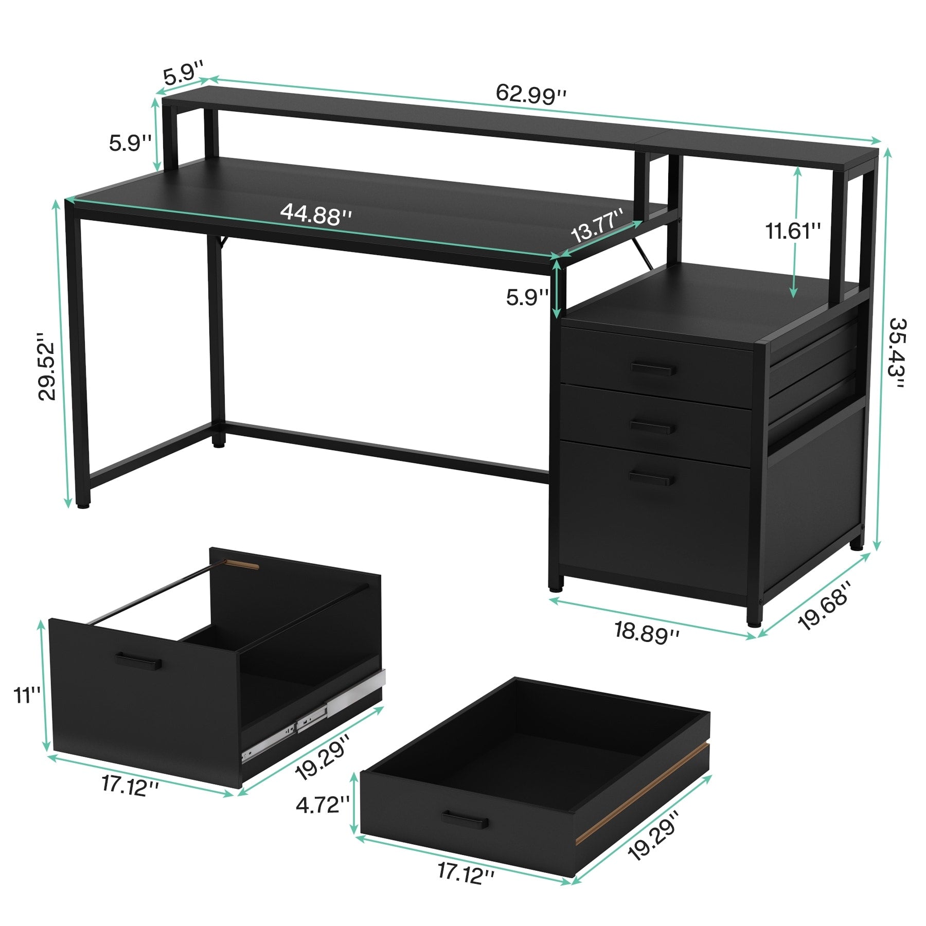 Bureau d'ordinateur 63 avec support d'écran, bureaux ergonomiques pour la maison avec tiroirs et classeur
