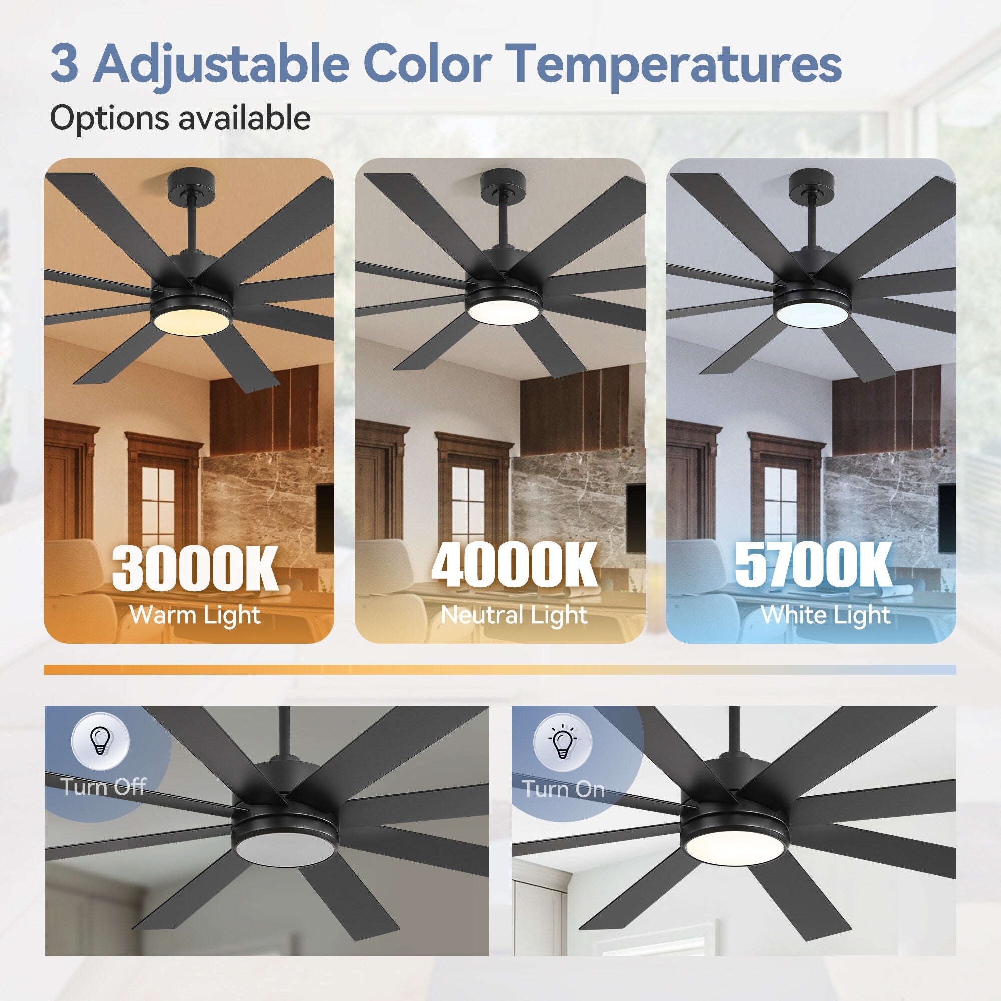 Ventilateur de plafond LED noir à 8 pales de 65 pouces avec éclairage et télécommande