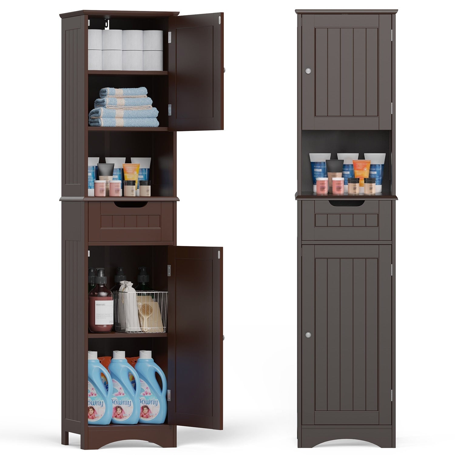 Armoire à linge étroite de salle de bain de 67 po de hauteur, meuble de rangement autoportant en bois massif à 5 niveaux