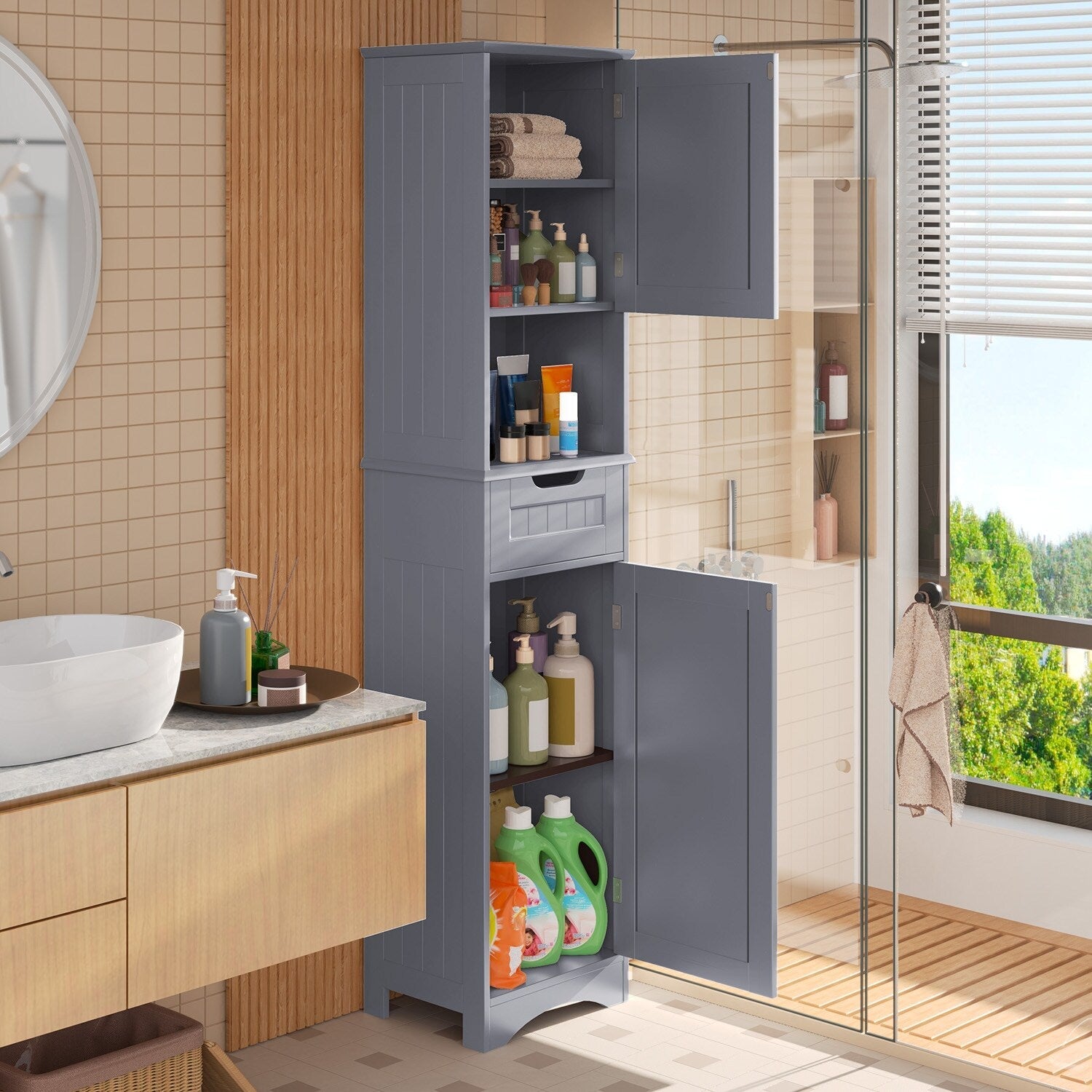 Armoire à linge étroite de salle de bain de 67 po de hauteur, meuble de rangement autoportant en bois massif à 5 niveaux