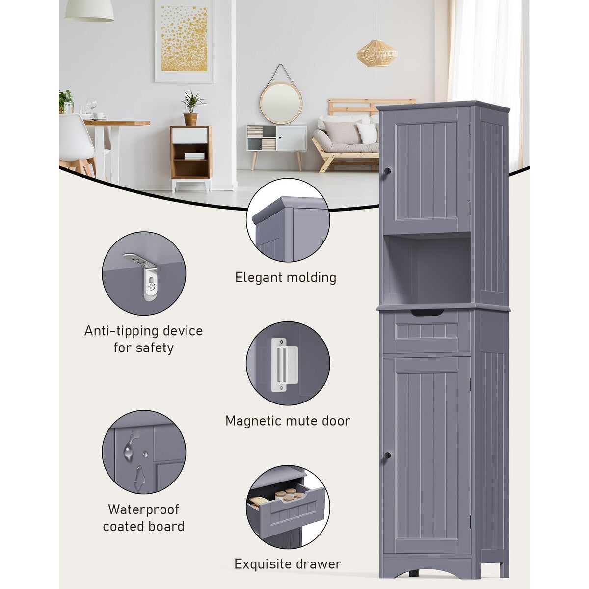 Armoire à linge étroite de salle de bain de 67 po de hauteur, meuble de rangement autoportant en bois massif à 5 niveaux