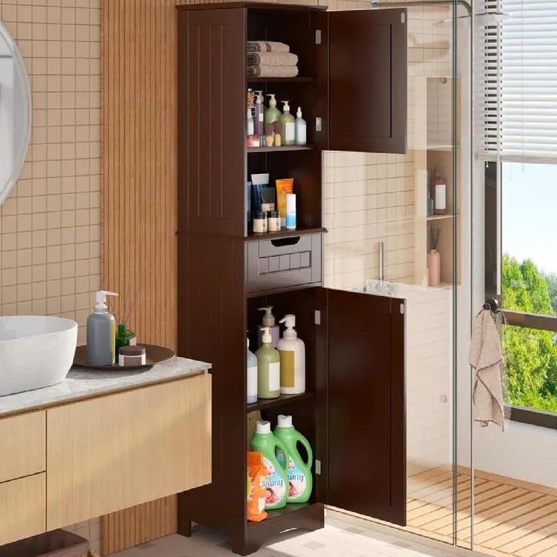 Armoire à linge étroite de salle de bain de 67 po de hauteur, meuble de rangement autoportant en bois massif à 5 niveaux