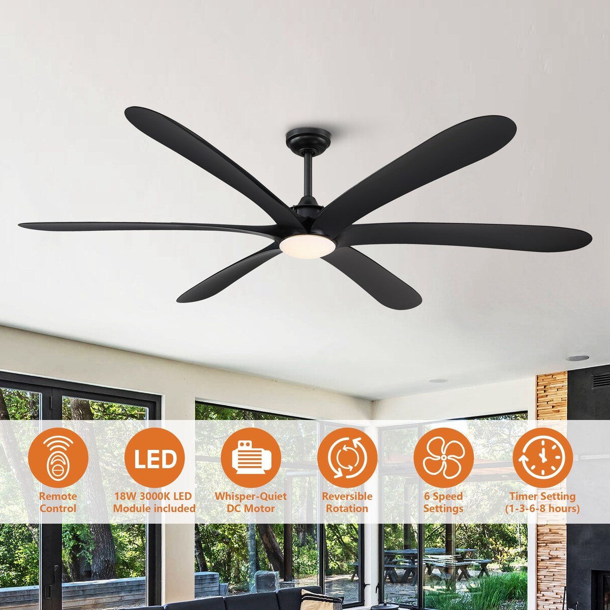 Grand ventilateur de plafond à courant continu à 6 pales en bois flotté de 72 pouces avec lumière et télécommande