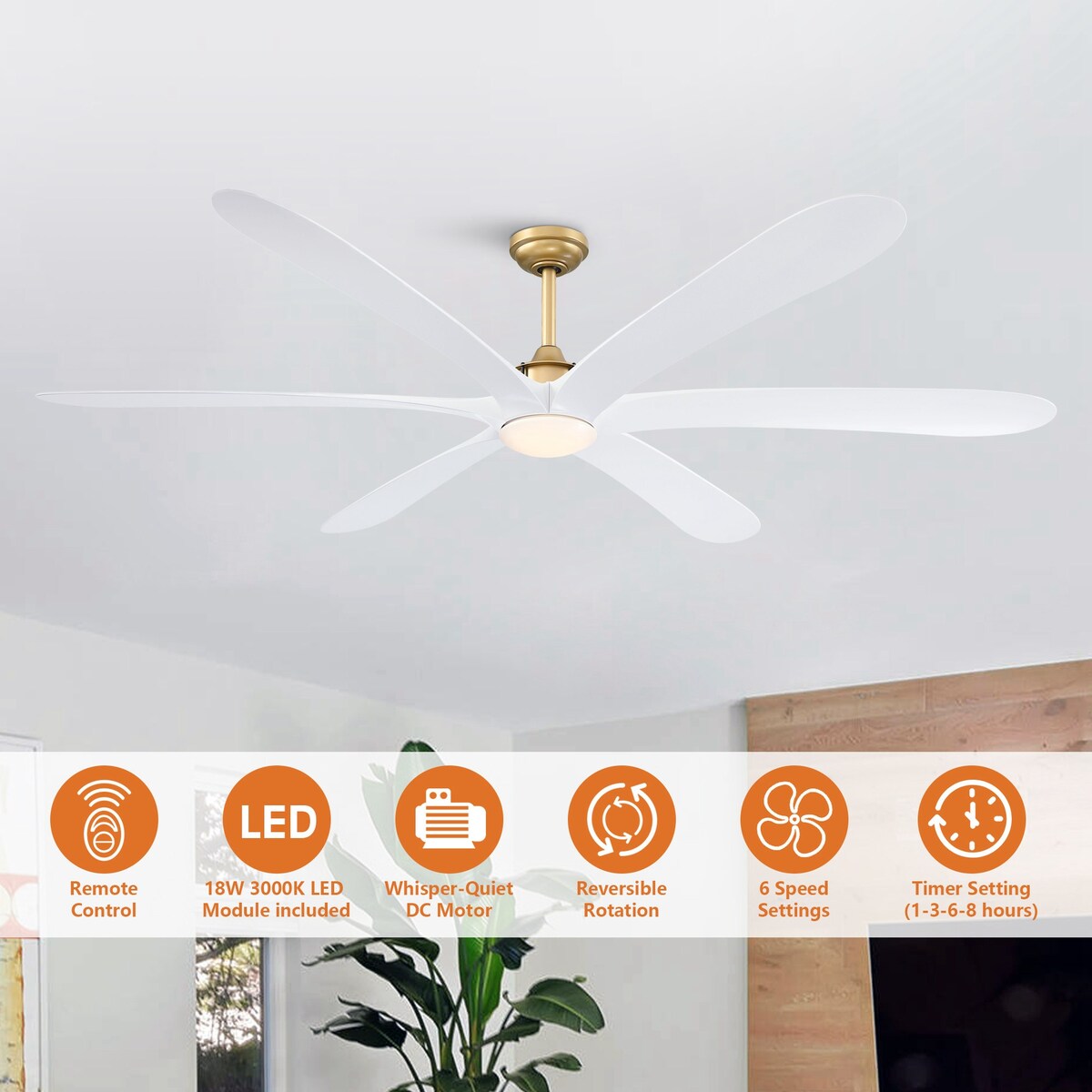 Grand ventilateur de plafond à courant continu à 6 pales en bois flotté de 72 pouces avec lumière et télécommande