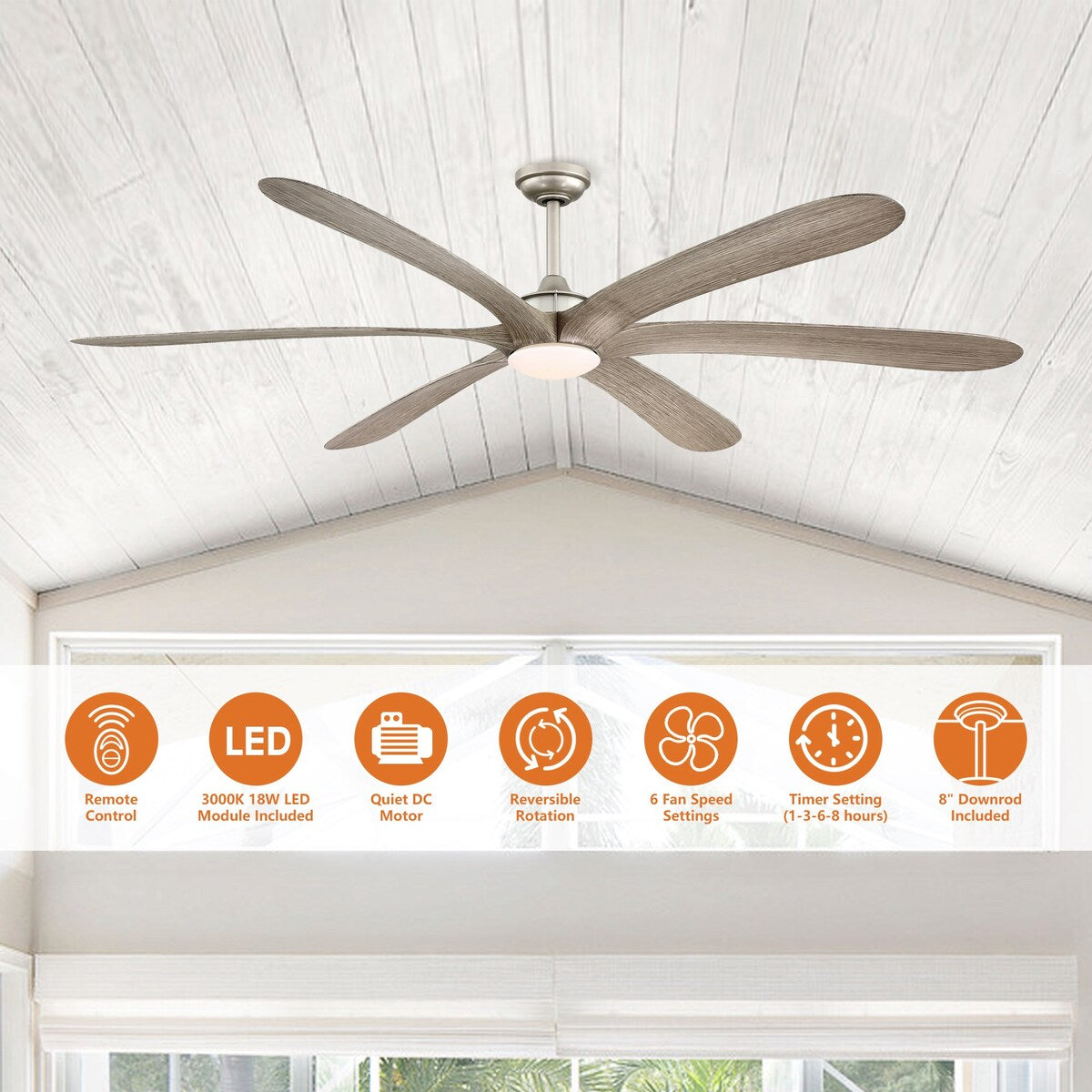 Grand ventilateur de plafond à courant continu à 6 pales en bois flotté de 72 pouces avec lumière et télécommande