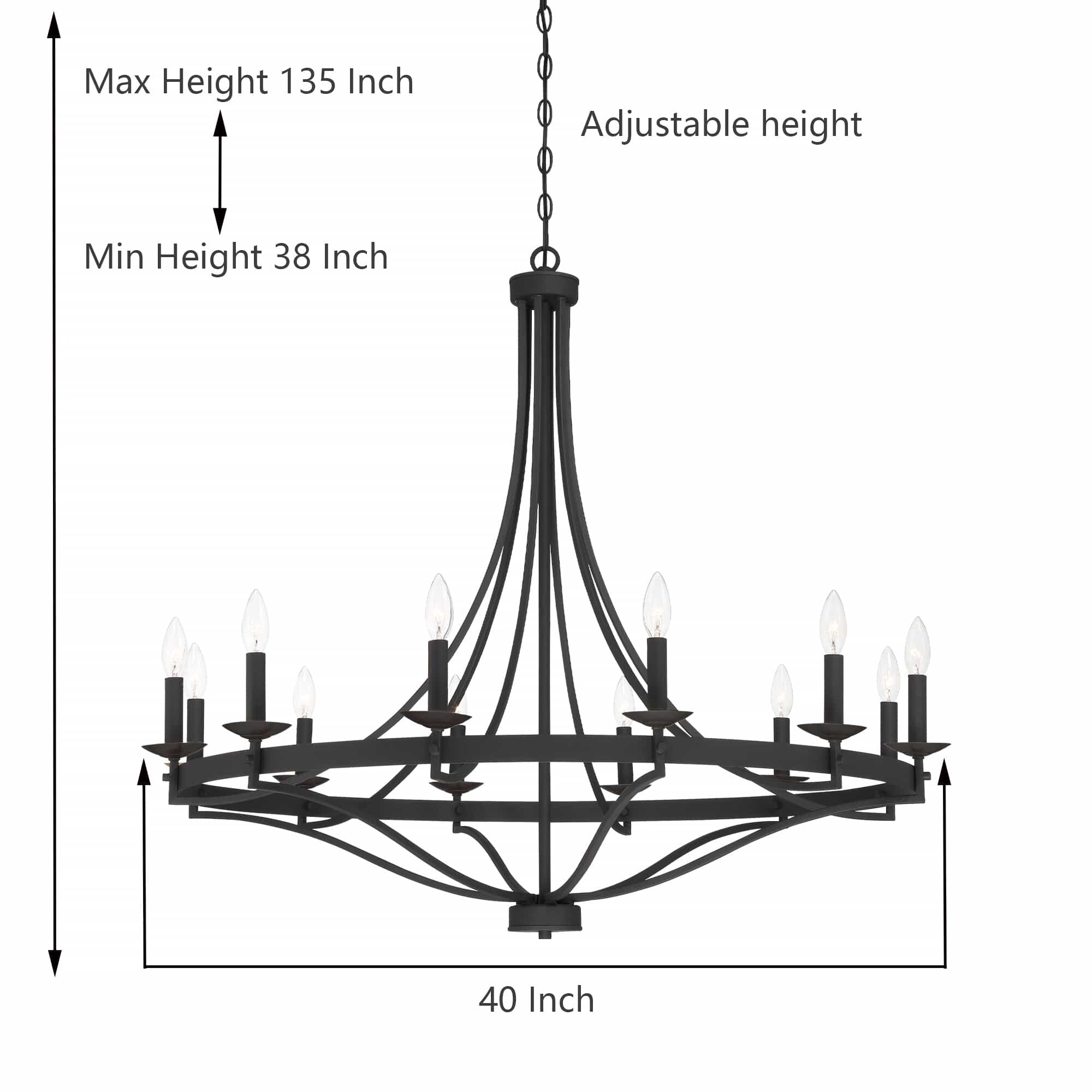 Lustre Empire à 12 lumières de style ferme moderne Fidenza avec roue de chariot et UL - D40'' * H135''