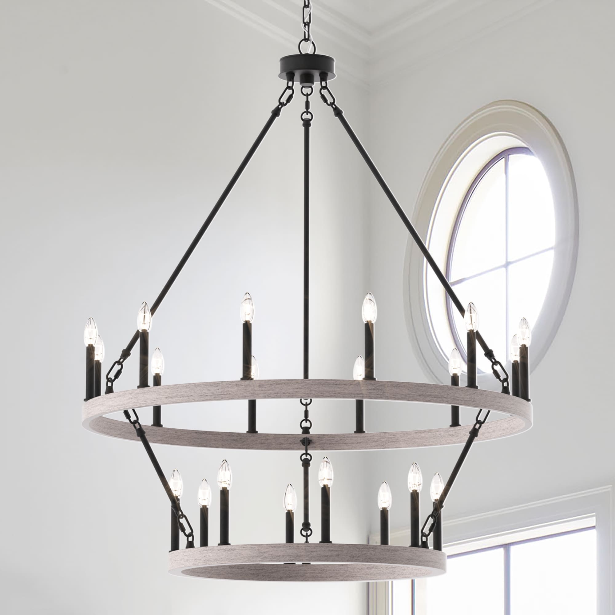 Lustre rond en forme de roue de chariot de style ferme moderne Acroma à 20 lumières de 40 po avec UL