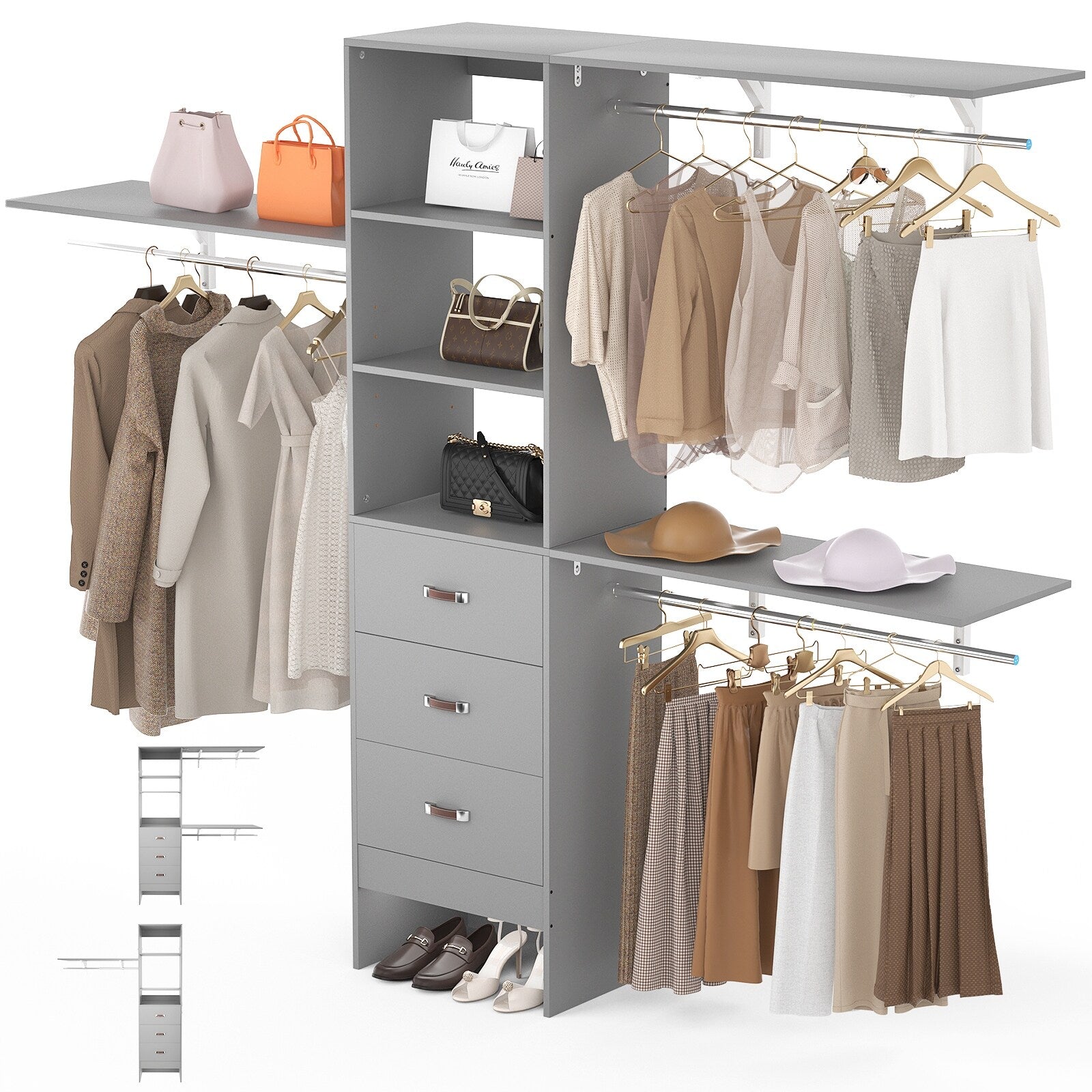 Rackcog Organiseur de placard réglable de 120 pouces avec tiroirs, système de placard avec étagères de bricolage pour placards et dressings