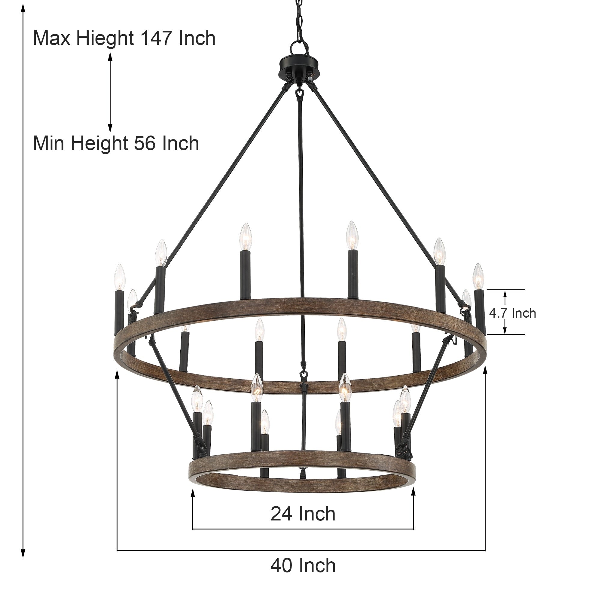 Lustre rond en forme de roue de chariot de style ferme moderne Acroma à 20 lumières de 40 po avec UL