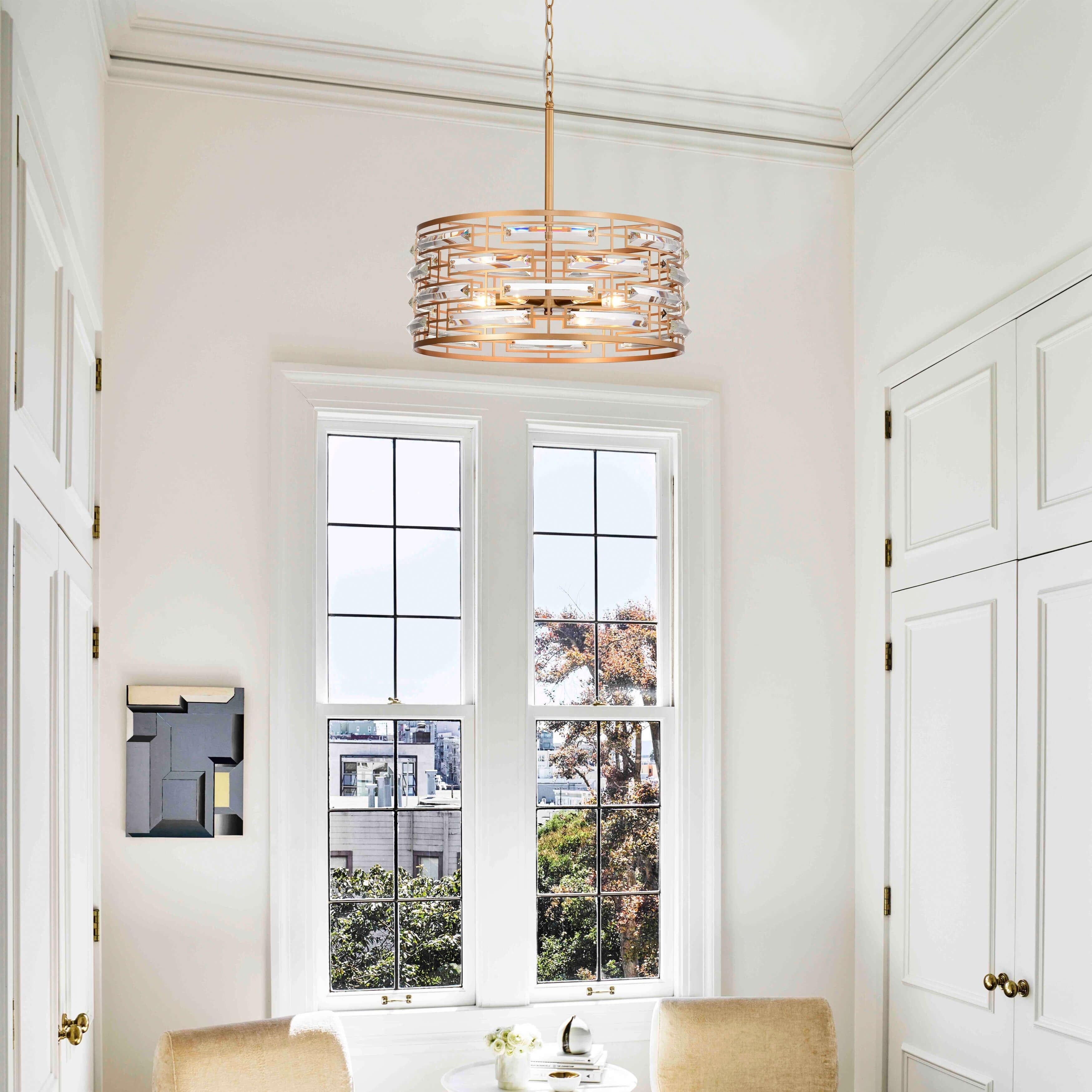 Lustre à abat-jour tambour Anita avec prisme en verre transparent