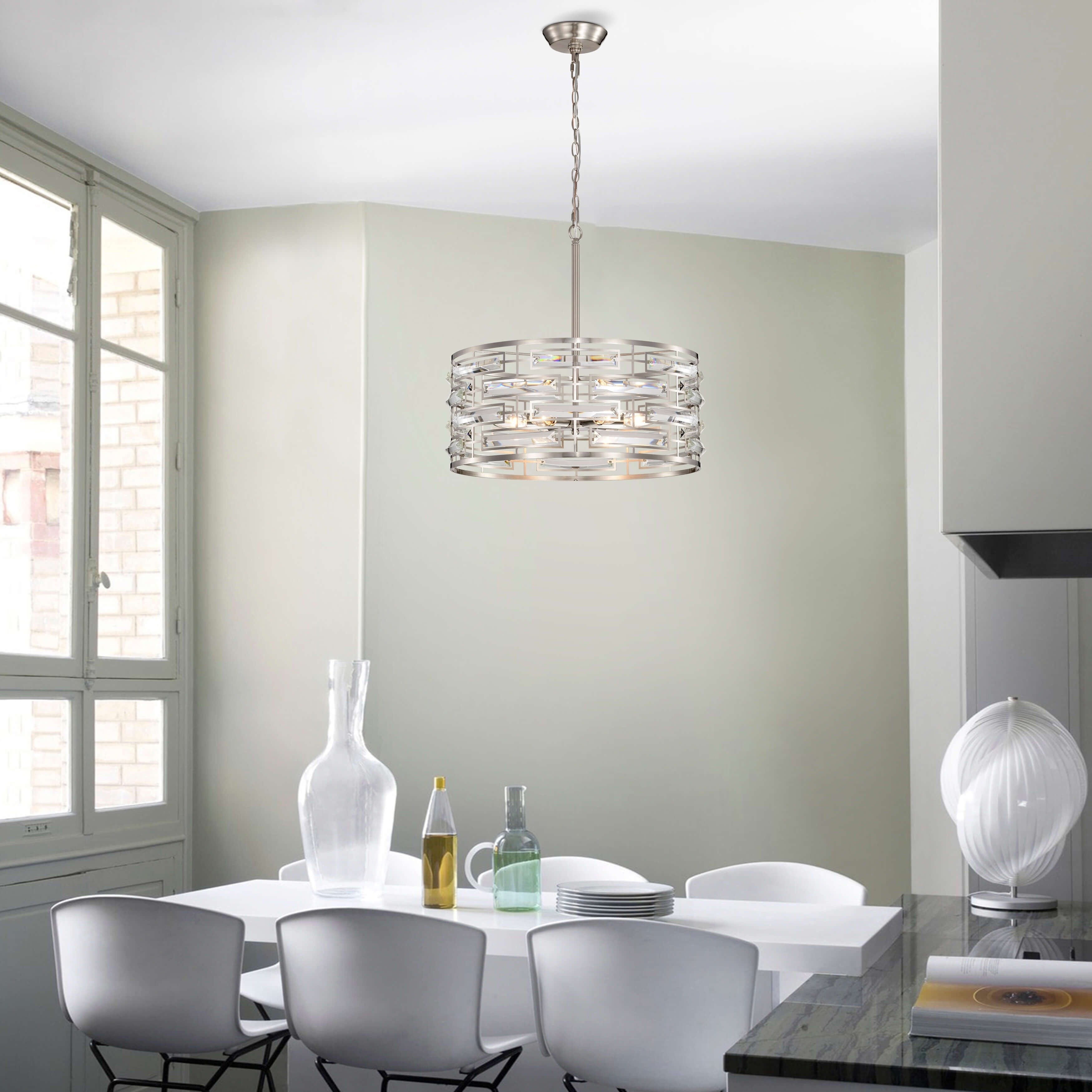 Lustre à abat-jour tambour Anita avec prisme en verre transparent