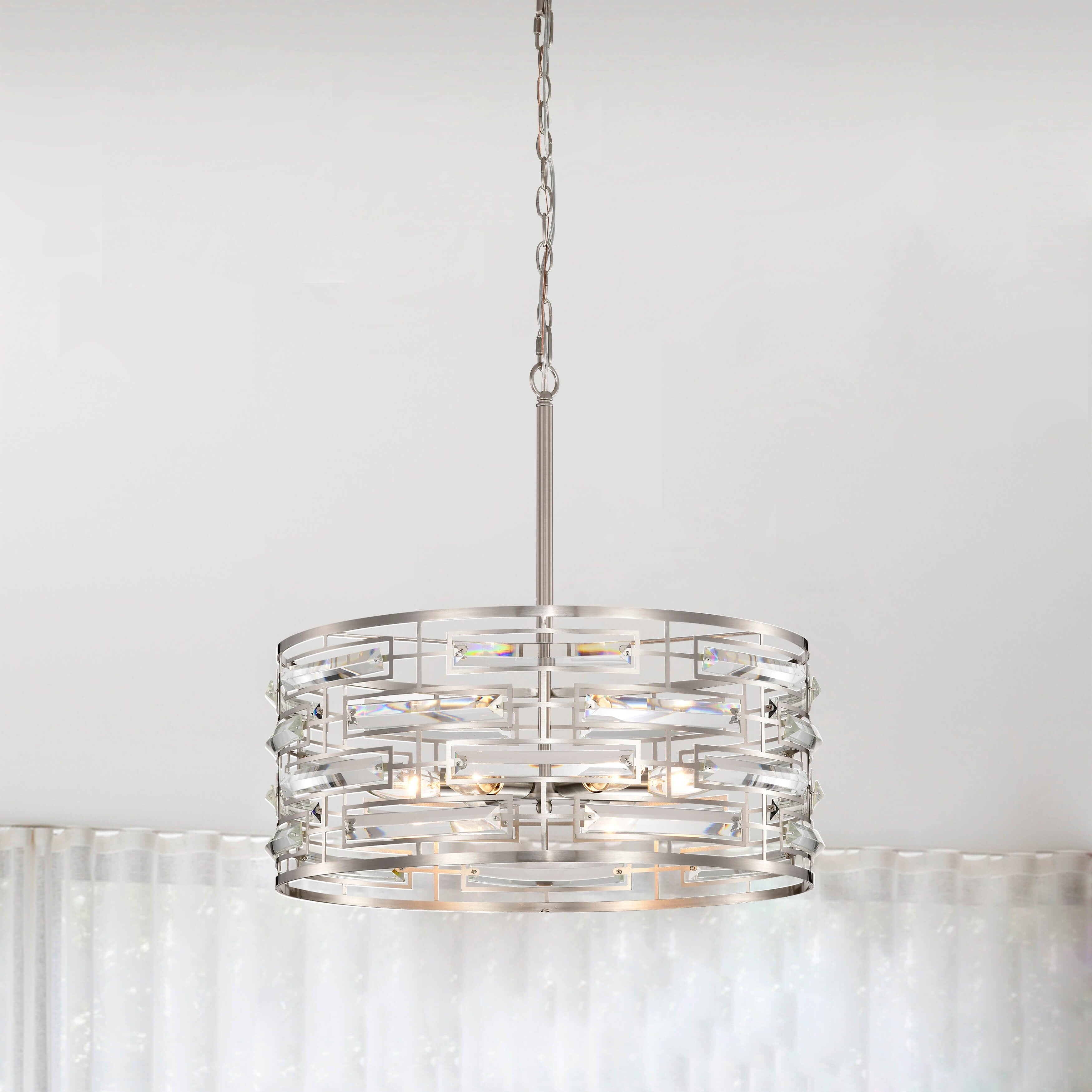 Lustre à abat-jour tambour Anita avec prisme en verre transparent