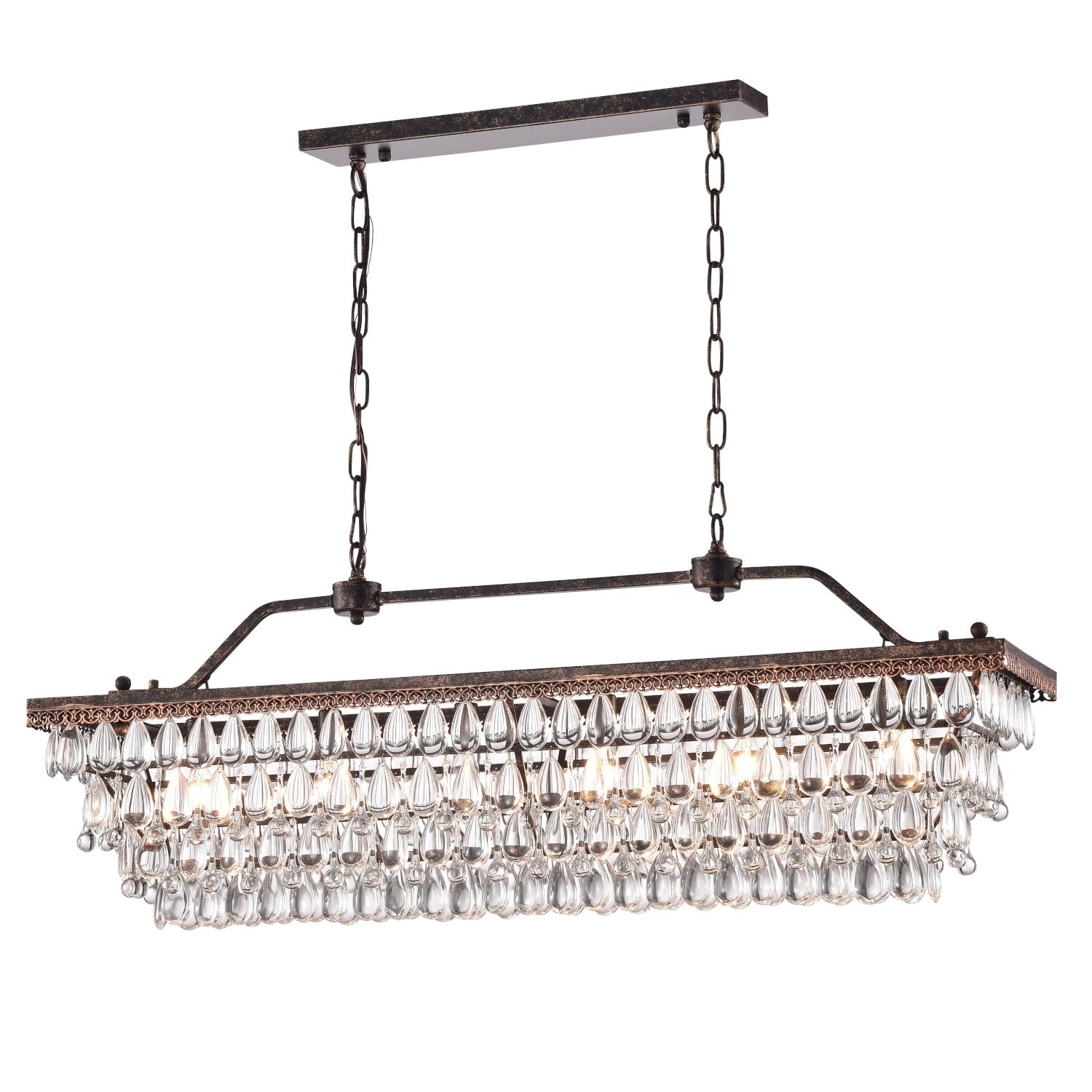 Éclairage rectangulaire pour îlot de cuisine en bronze antique à 6 lumières avec suspension en cristal - Bronze antique