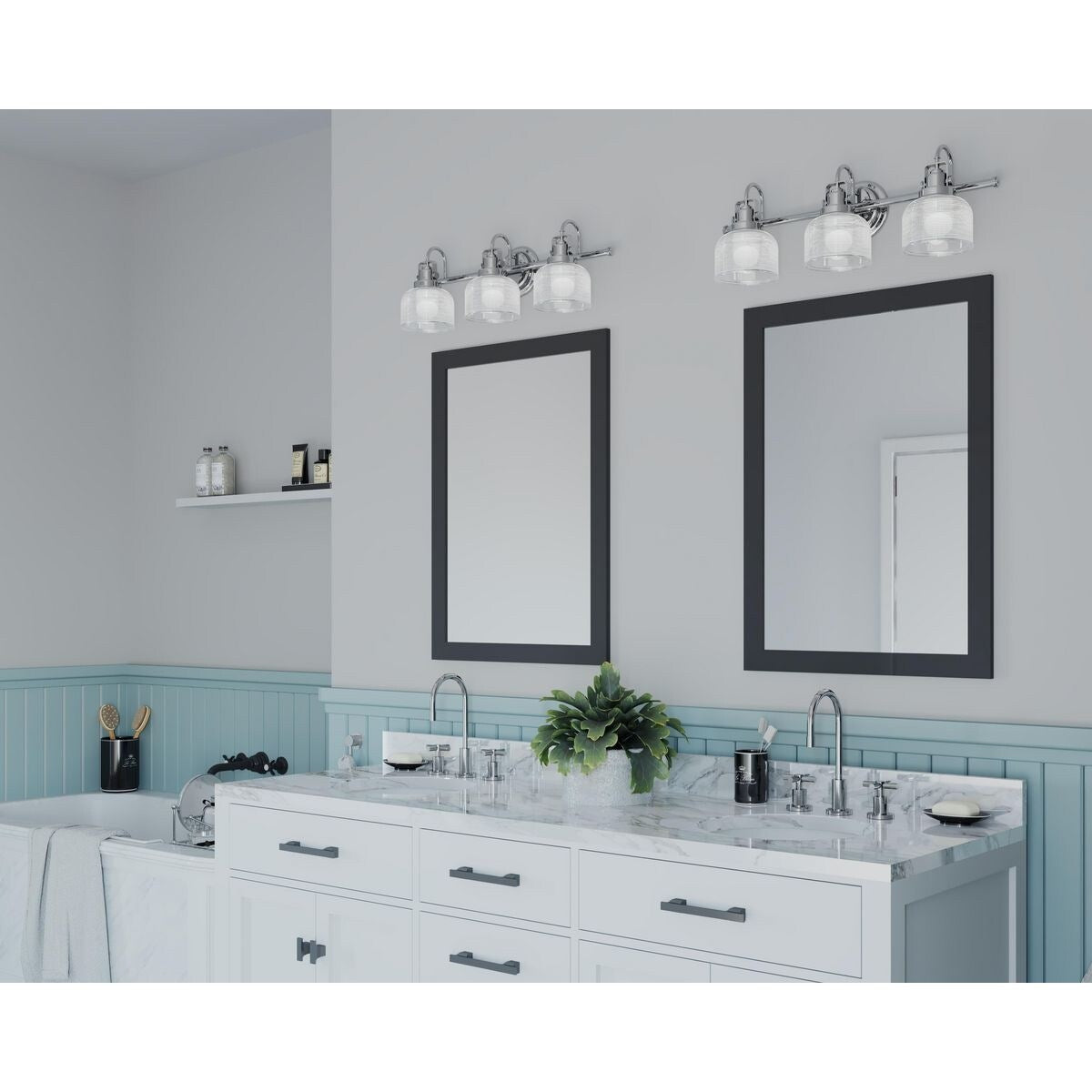 Luminaire de salle de bain côtier à trois lumières, collection Archie, en chrome poli, verre prismatique double transparent - 8,75 x 26,25 x 7,25