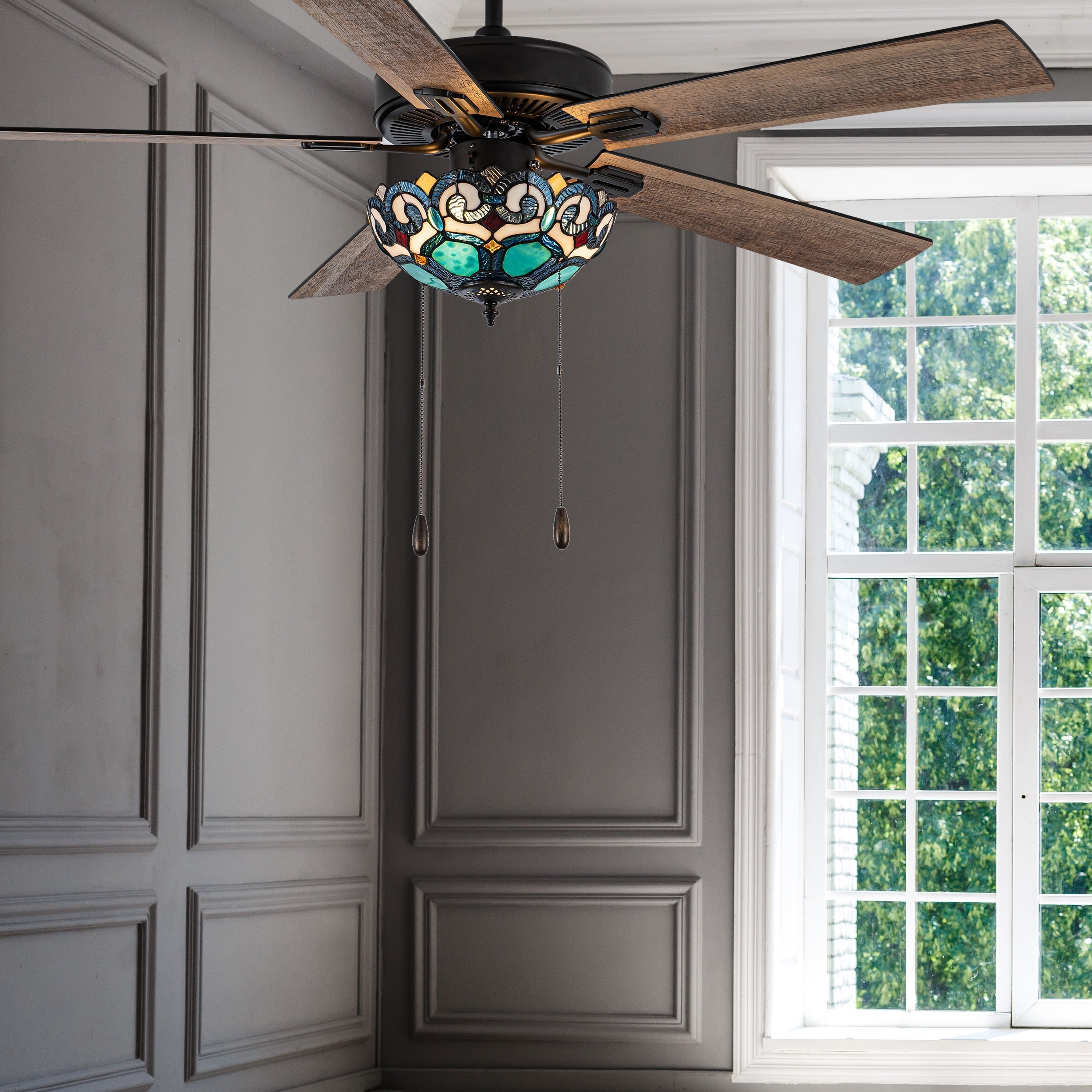 Ventilateur de plafond Astrid River of Goods, 3 lumières, 52 pouces, bronze huilé multicolore et vitrail - 52 x 52 x 14,75/19,75