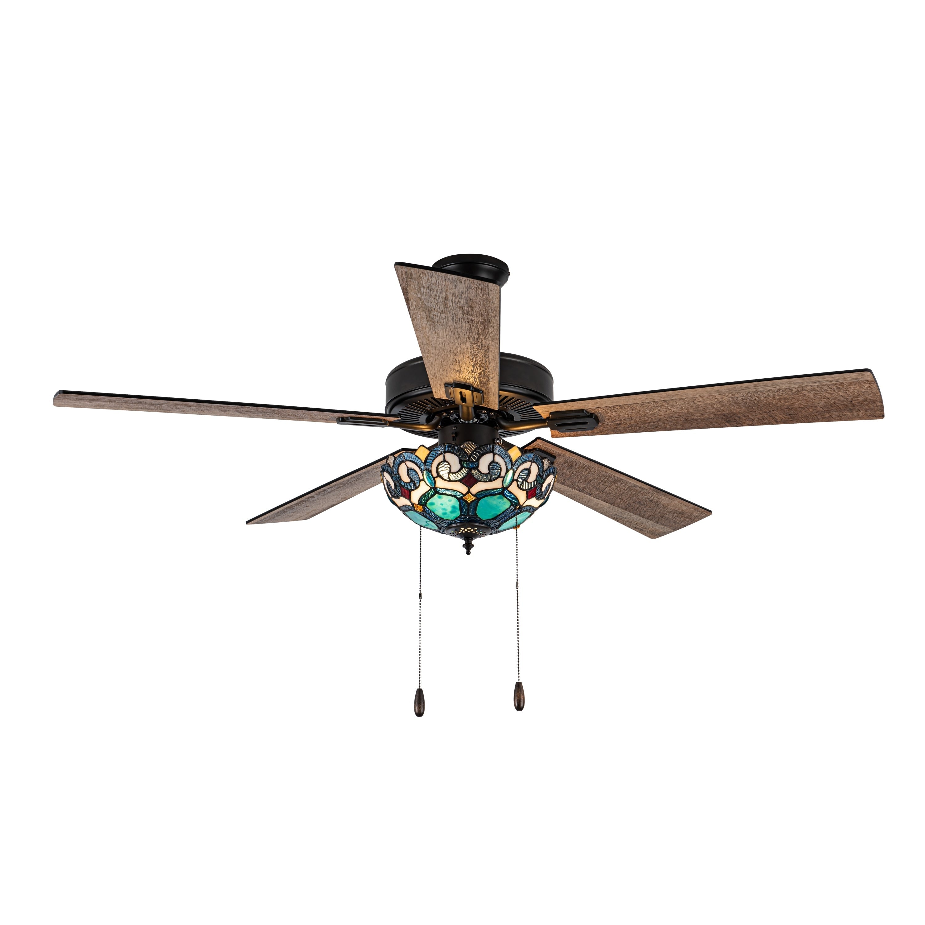 Ventilateur de plafond Astrid River of Goods, 3 lumières, 52 pouces, bronze huilé multicolore et vitrail - 52 x 52 x 14,75/19,75