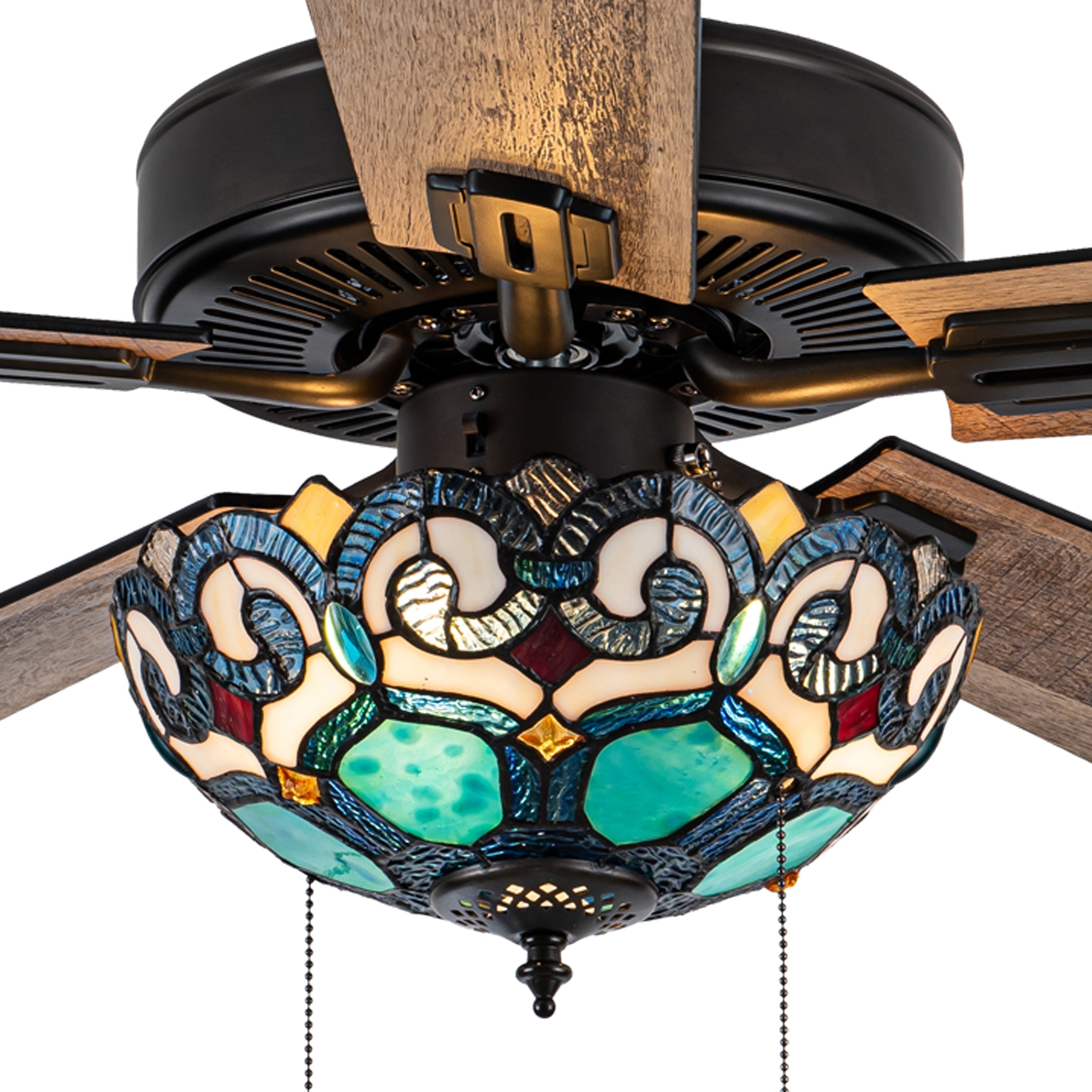 Ventilateur de plafond Astrid River of Goods, 3 lumières, 52 pouces, bronze huilé multicolore et vitrail - 52 x 52 x 14,75/19,75