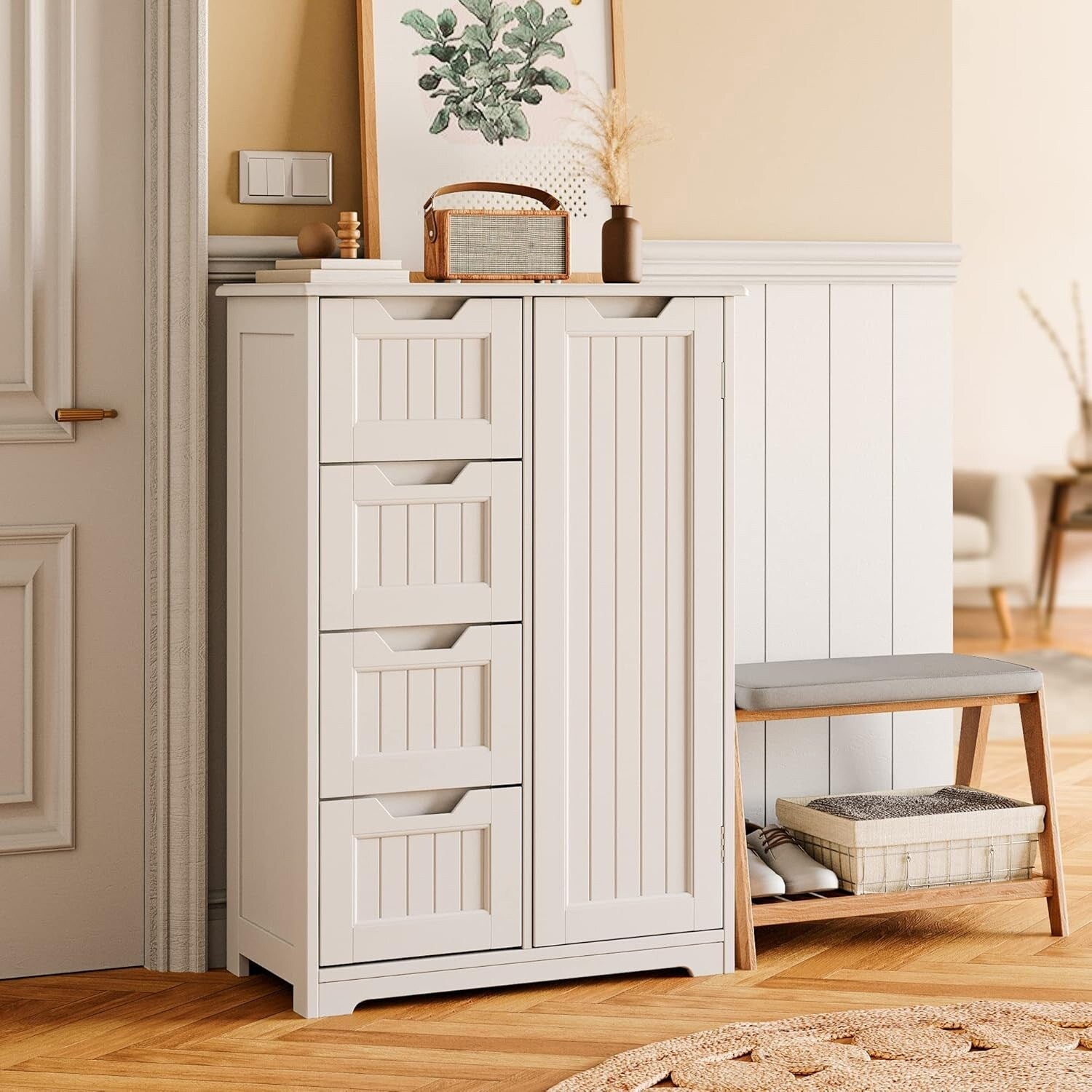 Meuble de rangement de salle de bain, meuble de rangement sur pied indépendant avec 4 tiroirs et étagère réglable