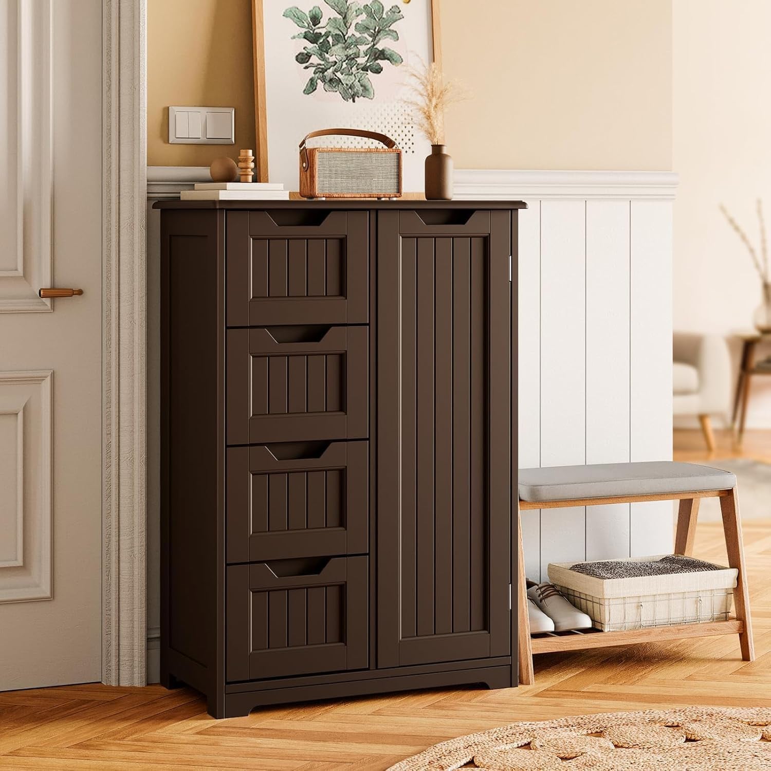Meuble de rangement de salle de bain, meuble de rangement sur pied indépendant avec 4 tiroirs et étagère réglable