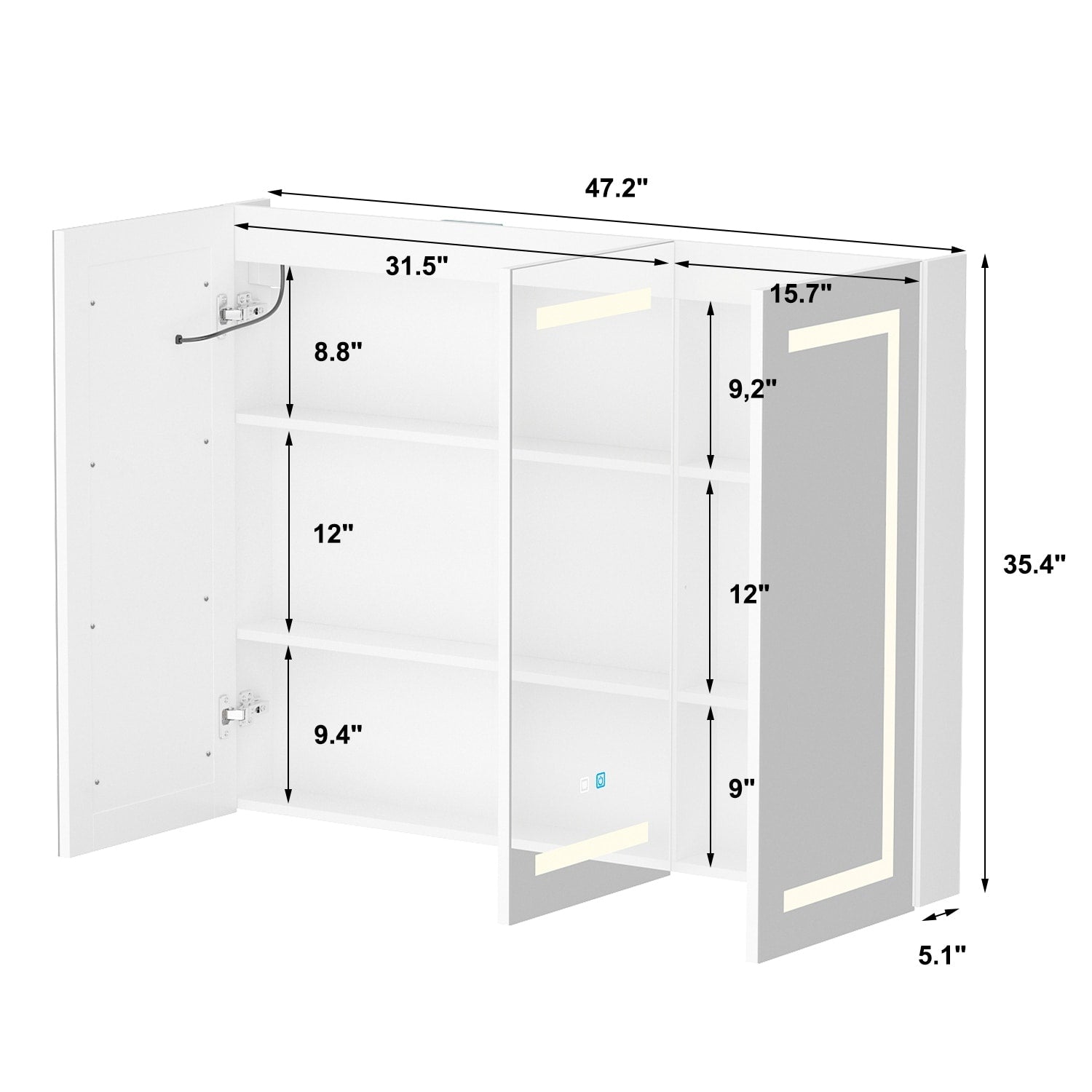 Armoire à pharmacie de salle de bain avec miroir LED antibuée 6 000 K, armoire murale blanche