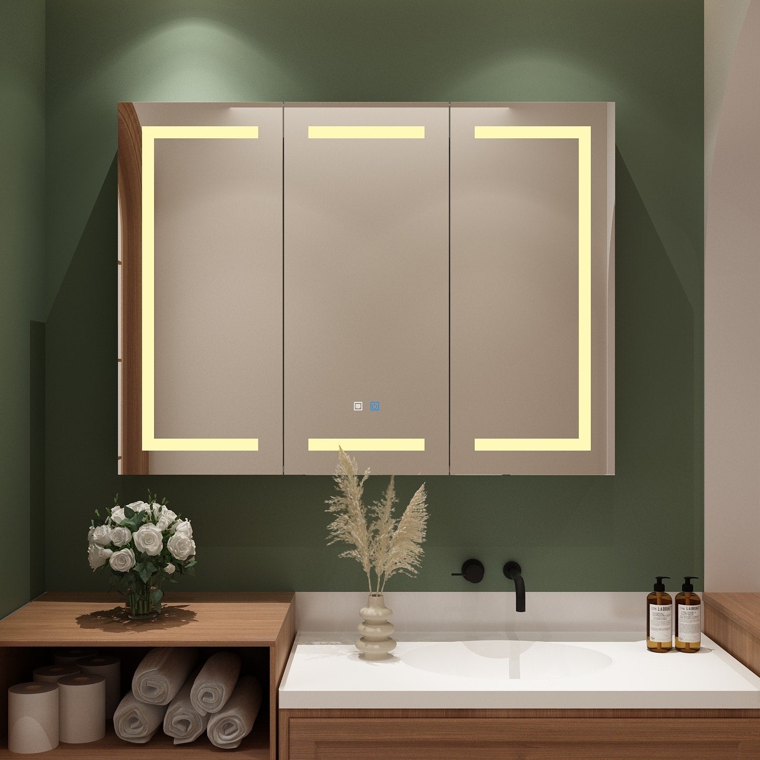 Armoire à pharmacie de salle de bain avec miroir LED antibuée 6 000 K, armoire murale blanche