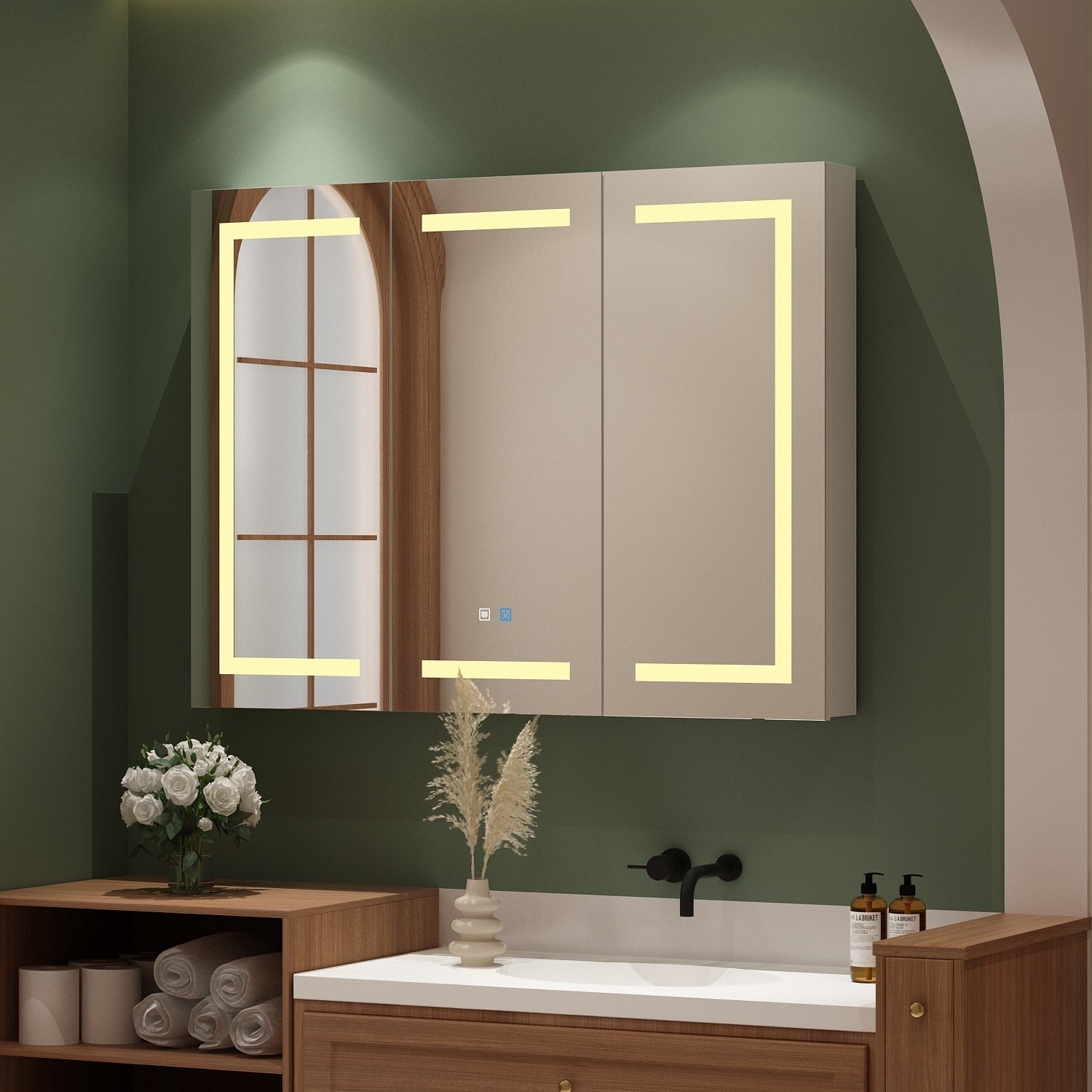 Armoire à pharmacie de salle de bain avec miroir LED antibuée 6 000 K, armoire murale blanche