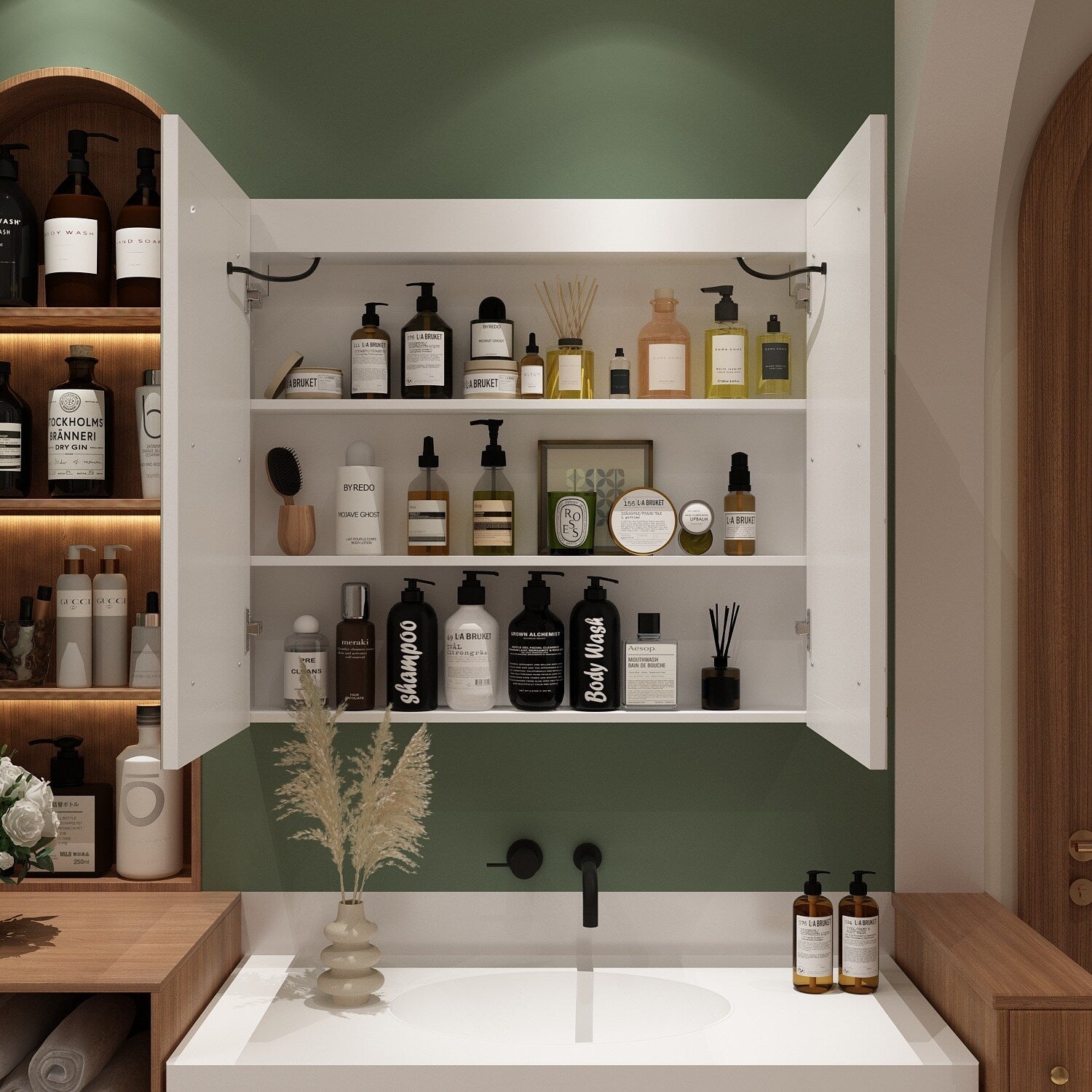 Armoire à pharmacie de salle de bain avec miroir LED antibuée 6 000 K, armoire murale blanche