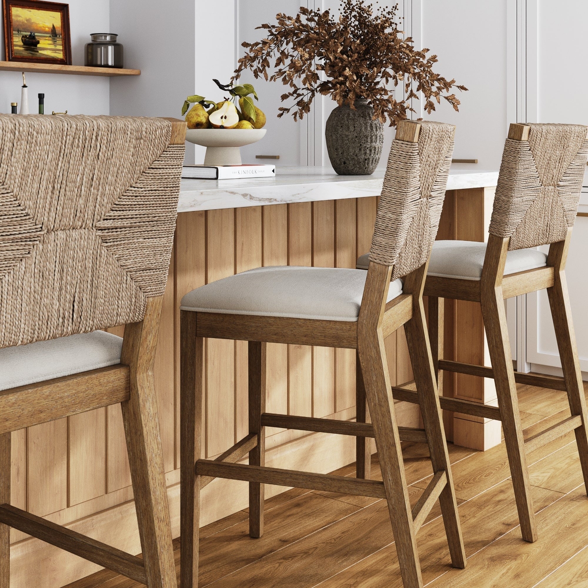Tabouret de bar Beacon Bohemian Boucle, chaise de comptoir rembourrée avec cadre en bois massif et dossier en jonc de mer tressé
